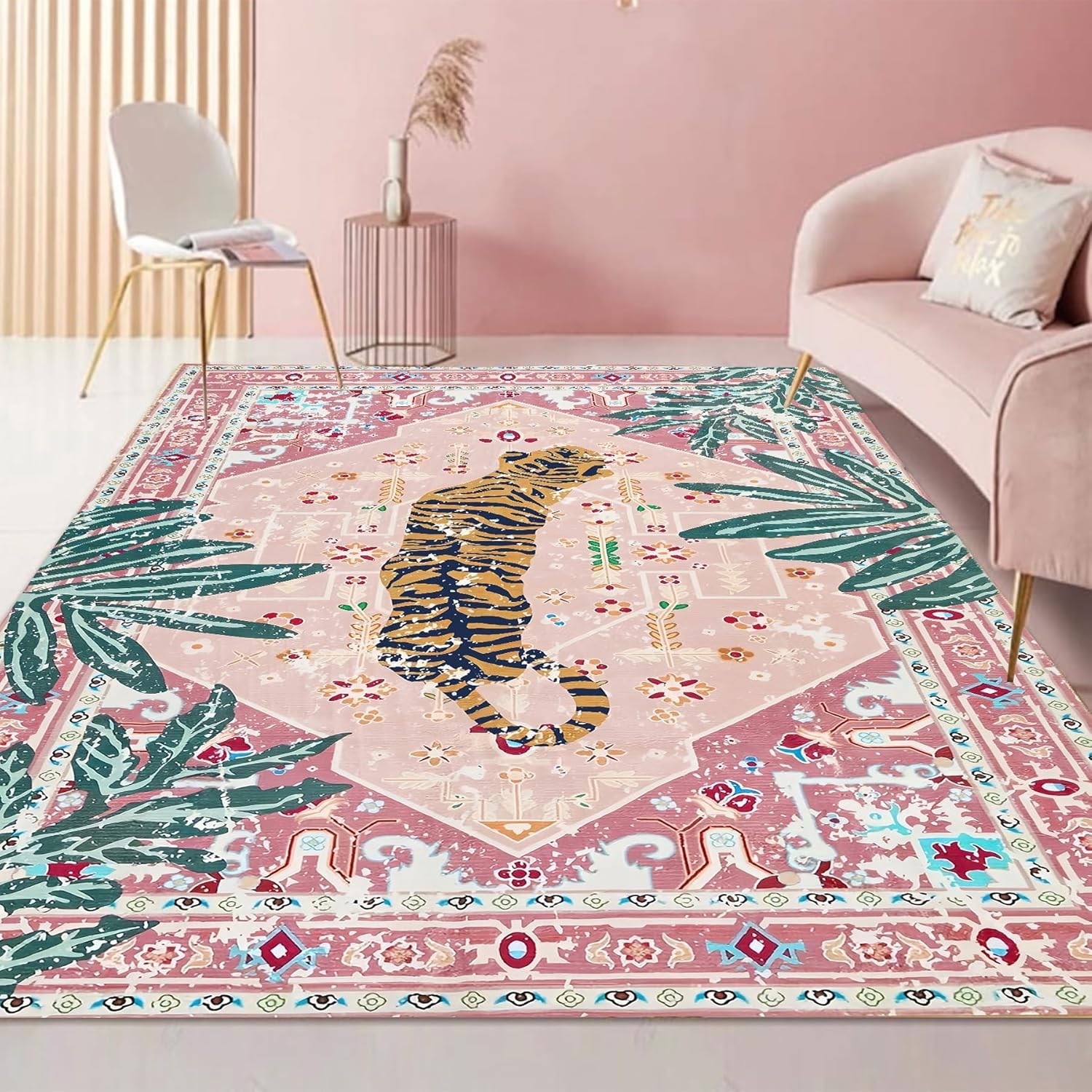 Pink Rug 4x6 Oriental Washable Non-Slip Tiger Rug Ultra Soft Vintage Print Tropical Carpet for Living Dining Playroom Nursery Camper