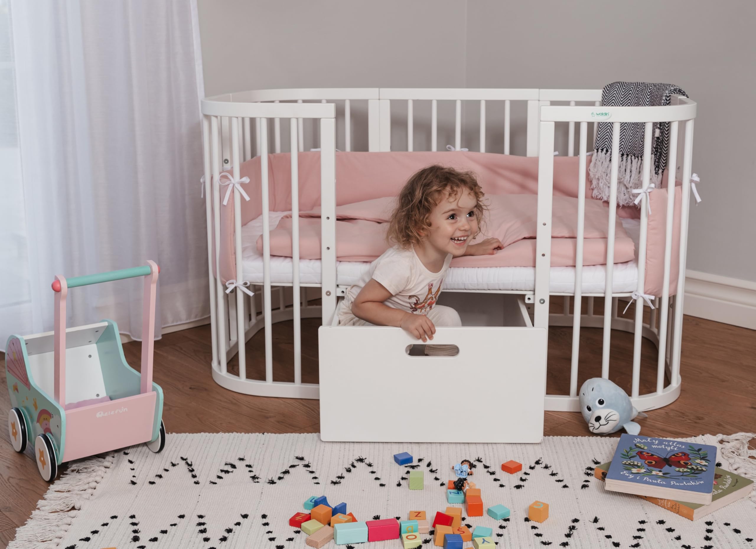 waldin Schublade für 7in1 Babybett ohne Bett, Weiß | Schafft Zusätzlichen Stauraum unter Ihrem 7in1 Bett, Passend für Klassische und Ovale Modelle ohne Bett