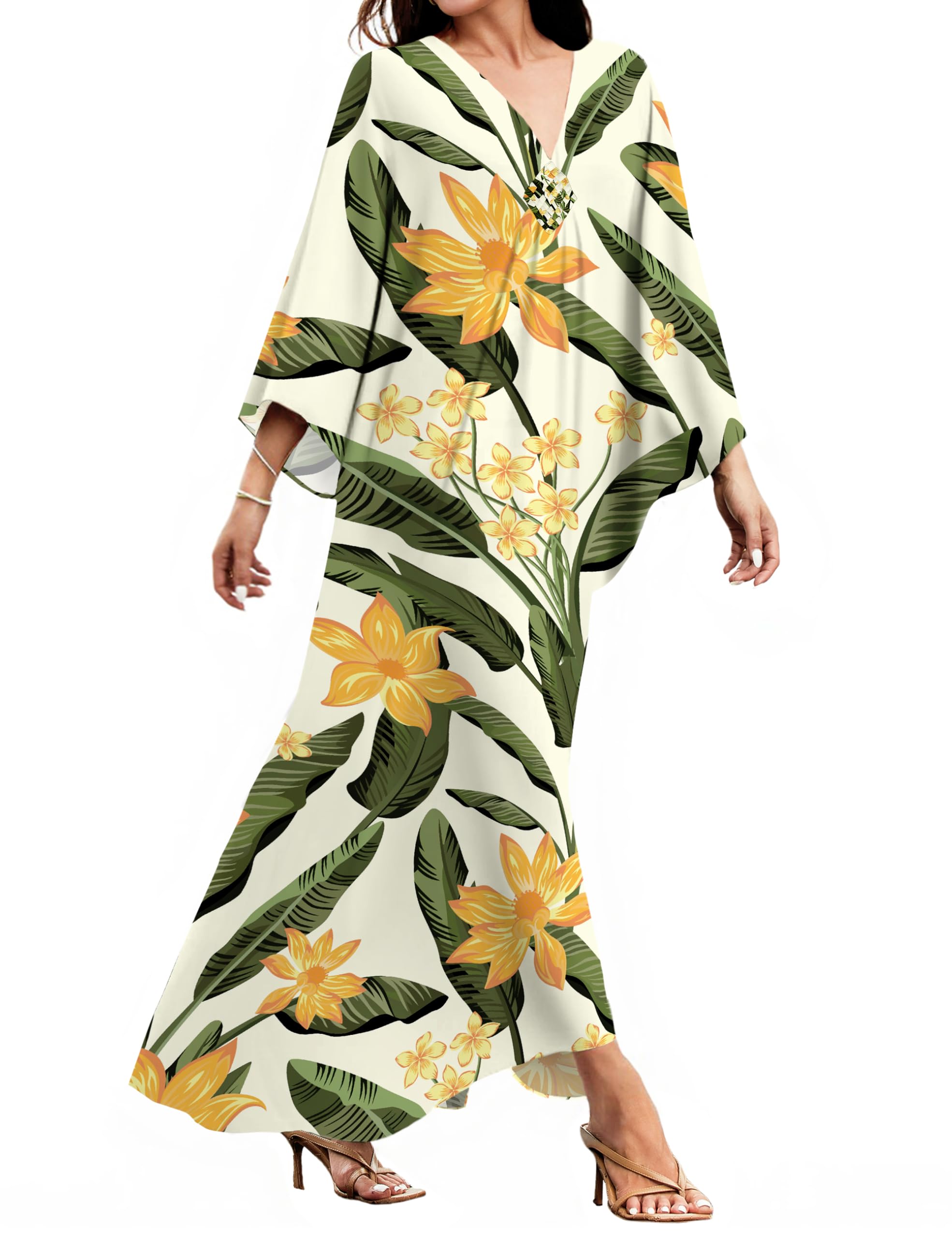 MAKABO Kaftan Dresses for Women, V Neck Moo Moos Colorful Print Cover Ups Caftan Beach Dresses for Swimwear