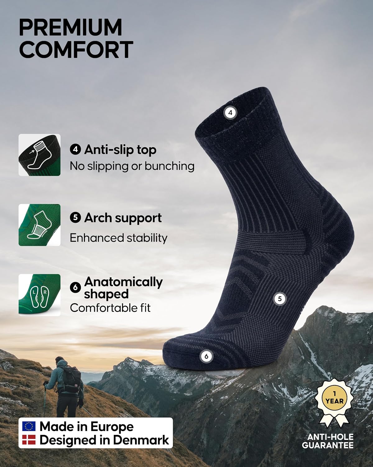 DANISH ENDURANCE Hiking Socks, Lightweight, Merino Wool Socks for Men & Women, Moisture Wicking & Thermal, 3 or 5 Pack - Image 3