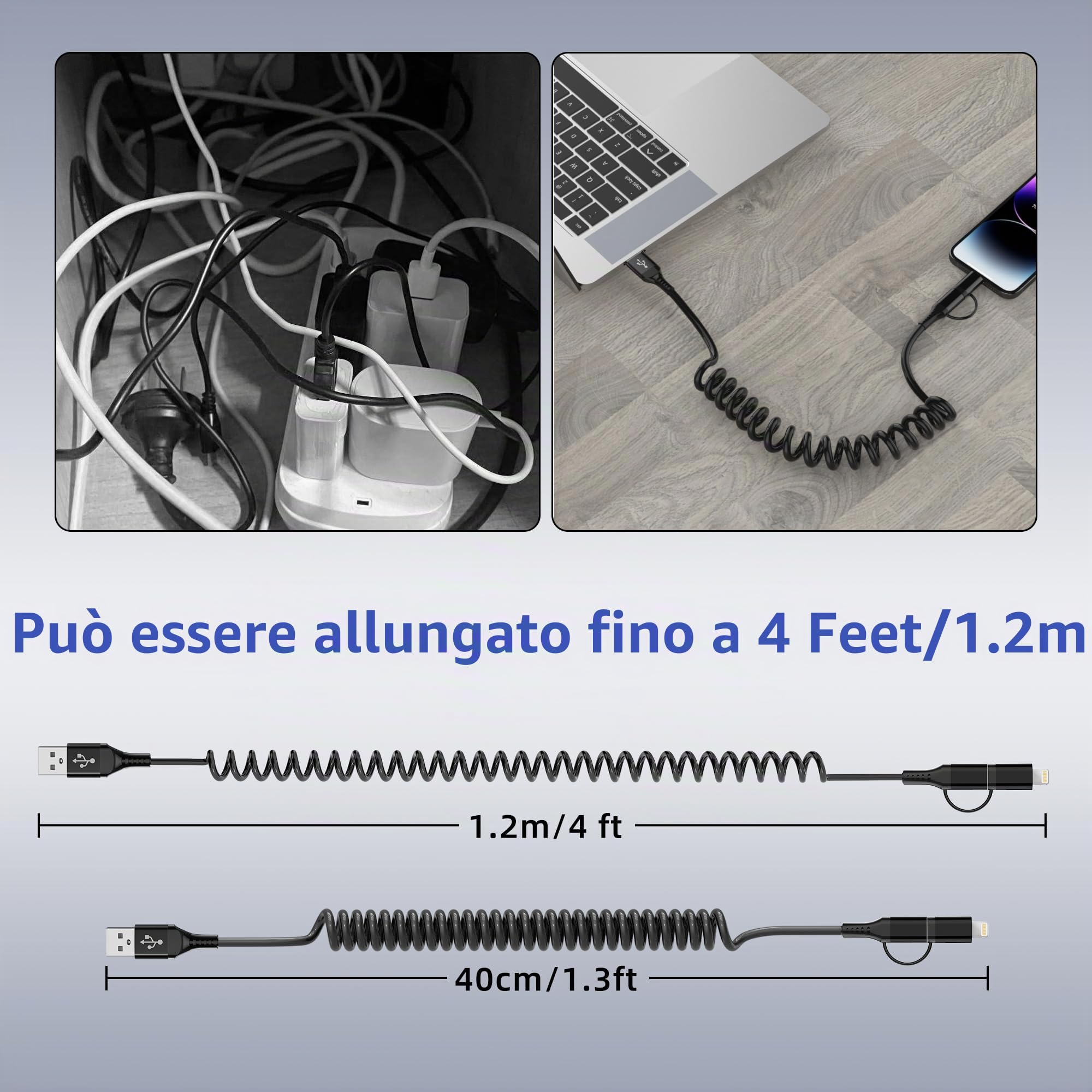 Cavo Lightning e USB-C 2 in 1 Corto, [certificato MFi] Cavo Carplay e Android Auto,Ricarica rapida e sincronizzazione dati da 3 A,Cavo USB Corto per Auto ,Compatibile con iPhone 16 15 14 13 12 Galaxy