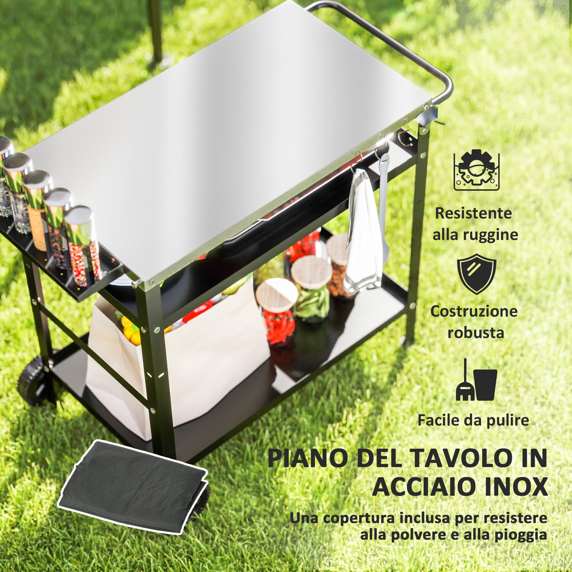Outsunny Carrello Barbecue con Piano in Acciaio Inox e Ripiano Regolabile, Isola Cucina da Esterno per Forno Pizza con Ruote, 6 Ganci, Porta Canovacci e Copertura di Protezione, 100x52x80 cm, Nero