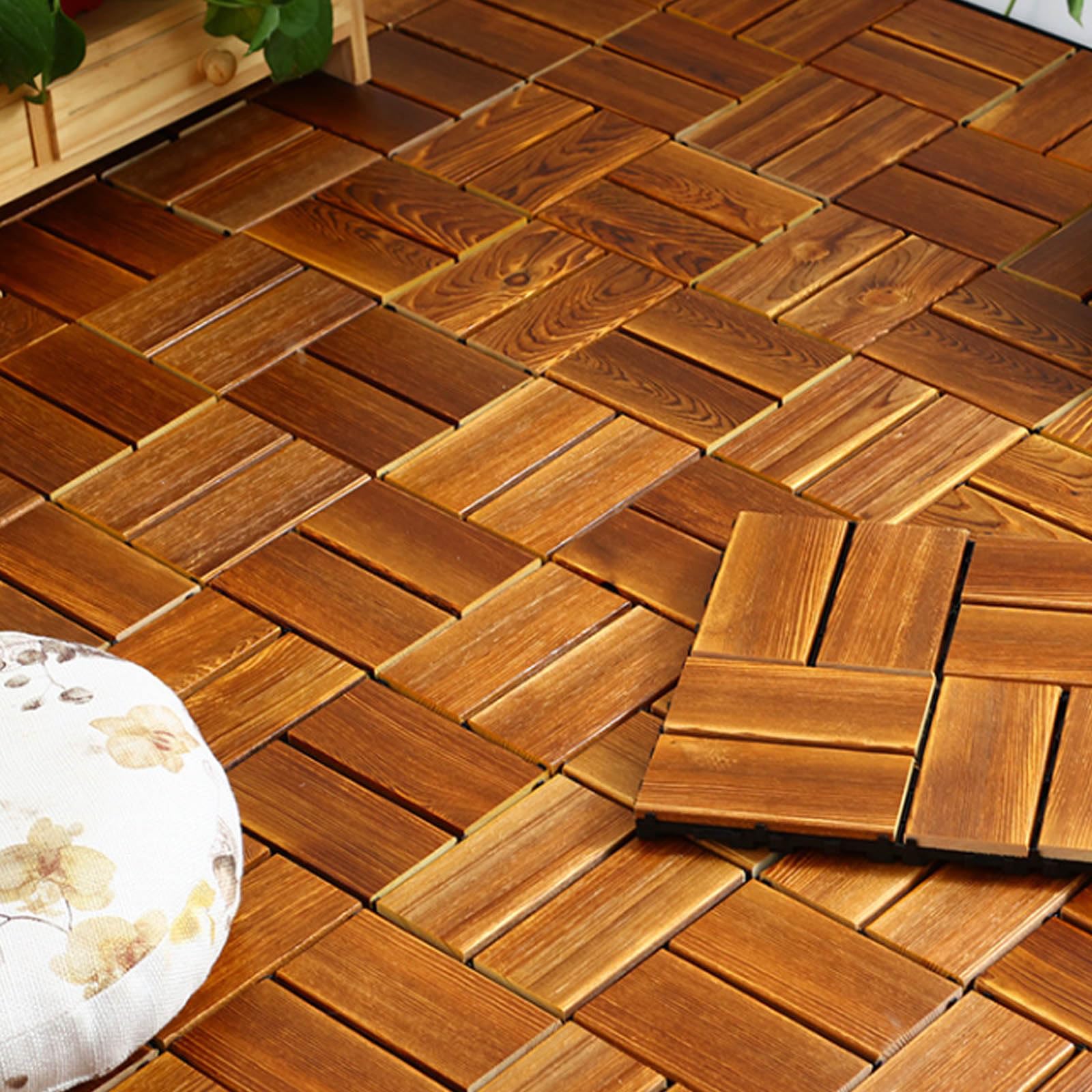 Lot de 11 Dalles en Bois, Caillebotis Bois Exterieur avec Système D'emboîtement à Découper Individuellement Système de Grille de Drainage Revêtement de Sol Extérieur Intérieur A1