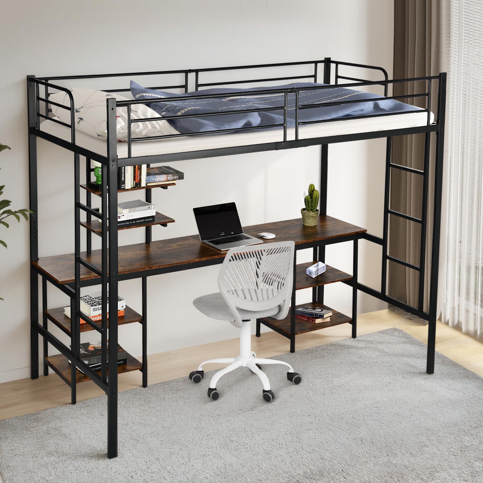 DORAFAIR Cama Mezzanine 90x200 cm de Metal con Escritorio, 3 Estantes y 2 Escaleras, Cama Mezzanine para Niños y Adultos con Láminas de Metal y Barandilla, Estilo Industrial, Negro