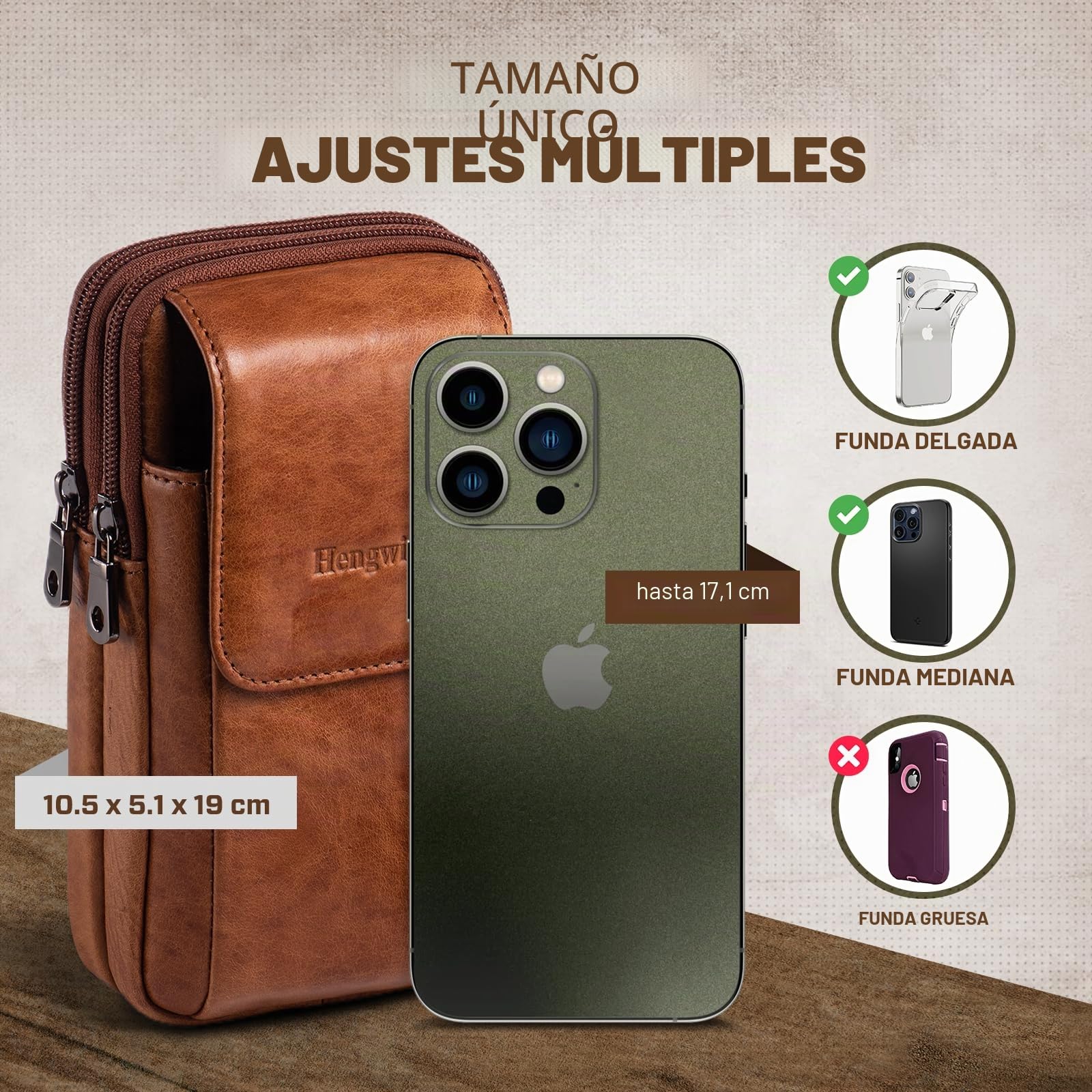 Multifuncional Cuero Genuino Doble Cremallera Bolsillos Hombres Vintage Look Bolso Bolso de Hombro teléfono cinturón Bolsa teléfono Funda para Viajes Actividades al Aire Libre