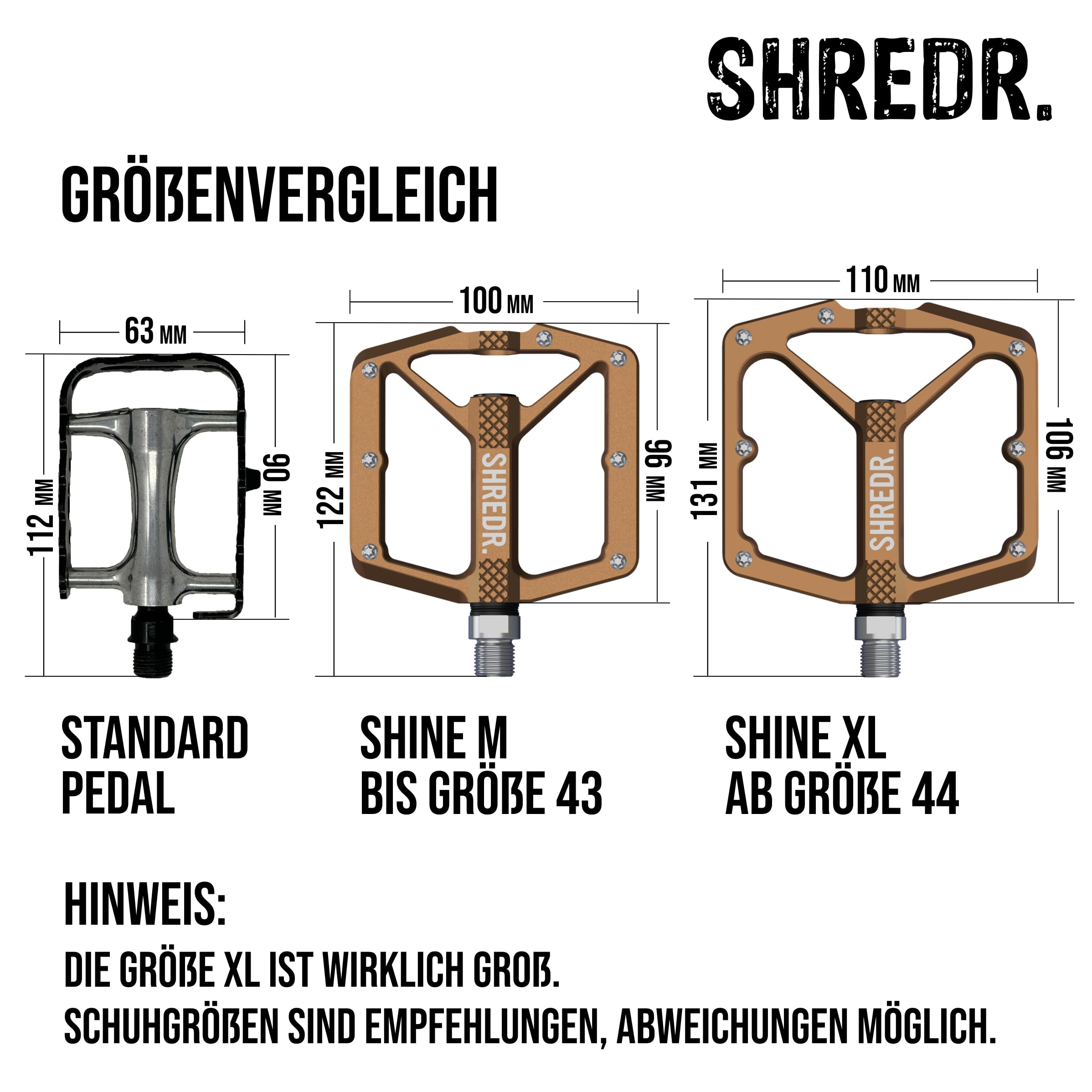 Shine Pedali per mountain bike, pedali piatti di alta qualità per mountain bike, con catarifrangenti (conformi alle norme locali vigenti), 2 misure