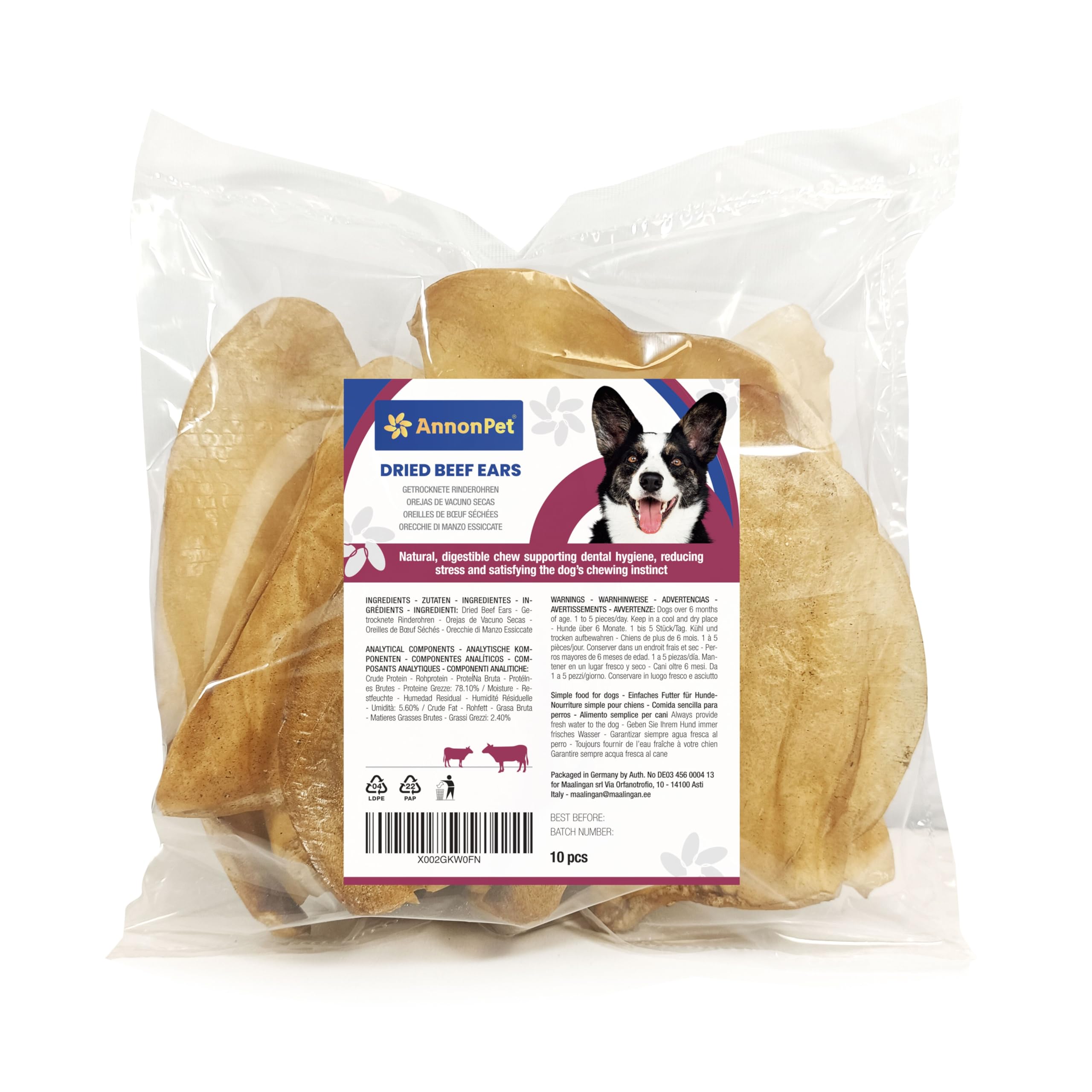 Lot de 10 oreilles de bœuf séchées pour chiens - Articles à mâcher naturels et faciles à digérer - Riche en protéines, sans additifs - Idéal pour les soins dentaires et la réduction du stress