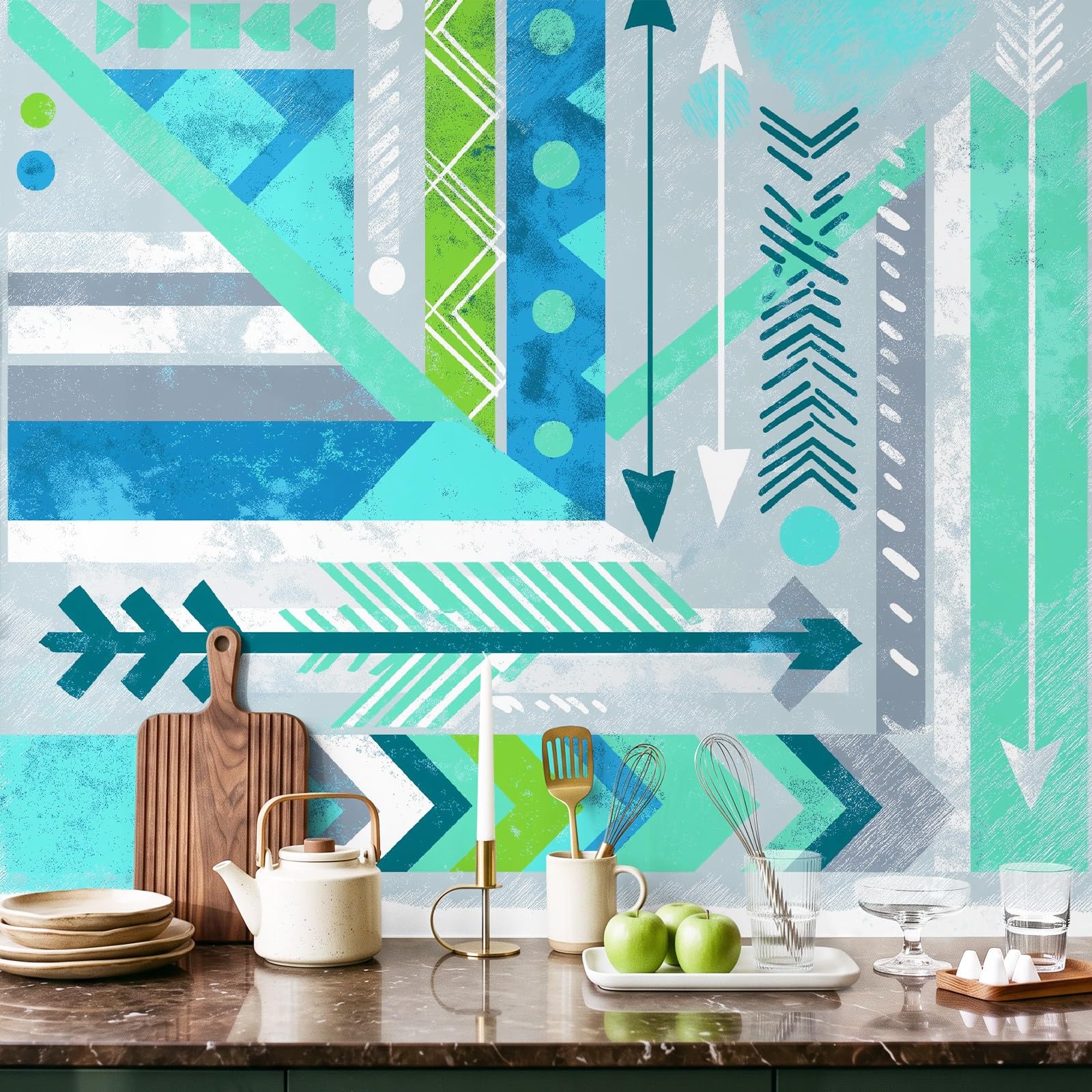 Papier Peint Panoramique Bohème Géométrique 350 x 256 cm Papier Peint Intissé Mural, Poster Geant Mural Flèche Bleu canard pour Salon Chambre d'enfants restaurant Décoration Murale