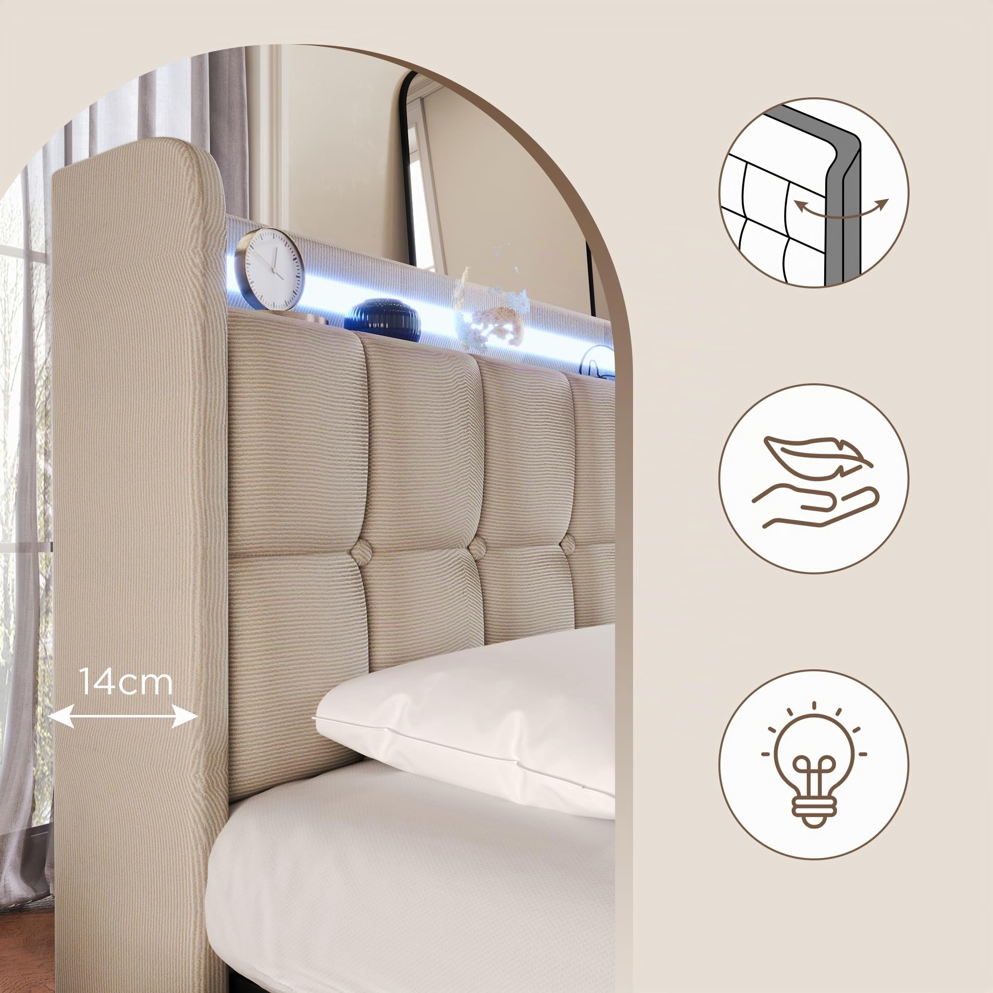 GeRRiT Lit 2 Personnes 160 x 200 cm Avec Éclairage LED, Tête de Lit Avec Chargement USB, 4 Tiroirs, Sommier à Lattes en Bois (Matelas Non Inclus) (Beige)