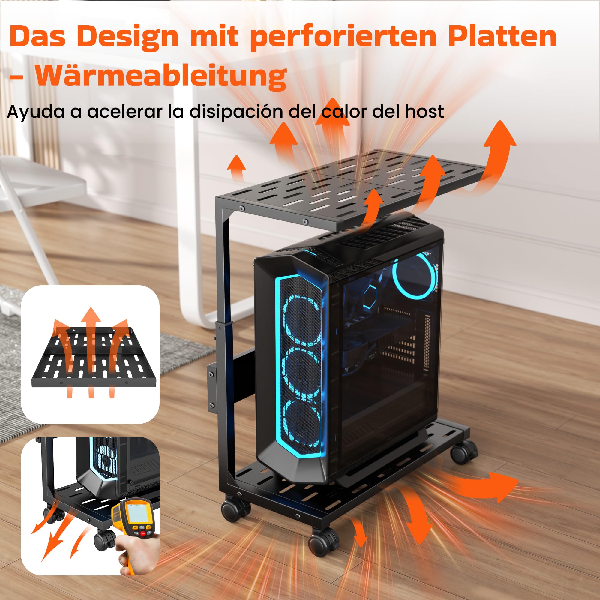 Aquzee PC Ständer, Höhenverstellbarer Computer Tower Ständer, Metall PC Rollwagen, Computer Stand Beistelltisch Schwarz, 2 Regal PC Halterung Unter Schreibtisch, Computerschrank für Gehäuse