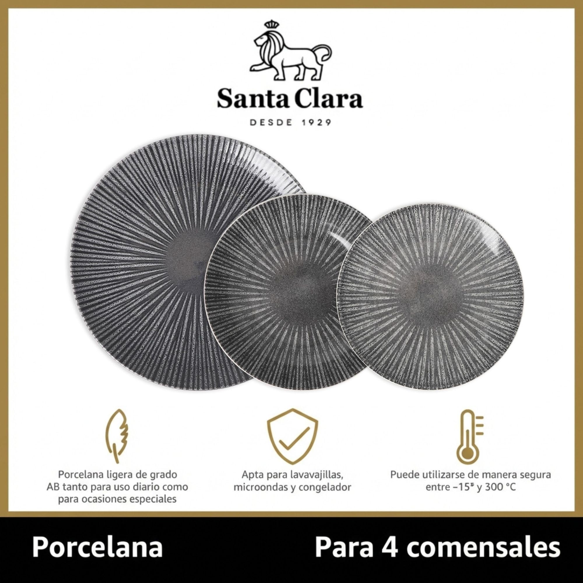 SANTA CLARA | Vajilla Completa 12 Piezas Porcelana Decorada para 4 Personas, Apta Microondas y Lavavajillas, Vajilla Electra Grafito para Hogar y Cocina