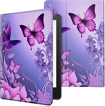 Case for 6.8 inch Kindle Paperwhite 11th Generation 2021/Kindle Paperwhite Signature Edition Lightweight Protective Smart Stand Cover with Auto Wake Sleep - Pink Flowers Purple Butterflies