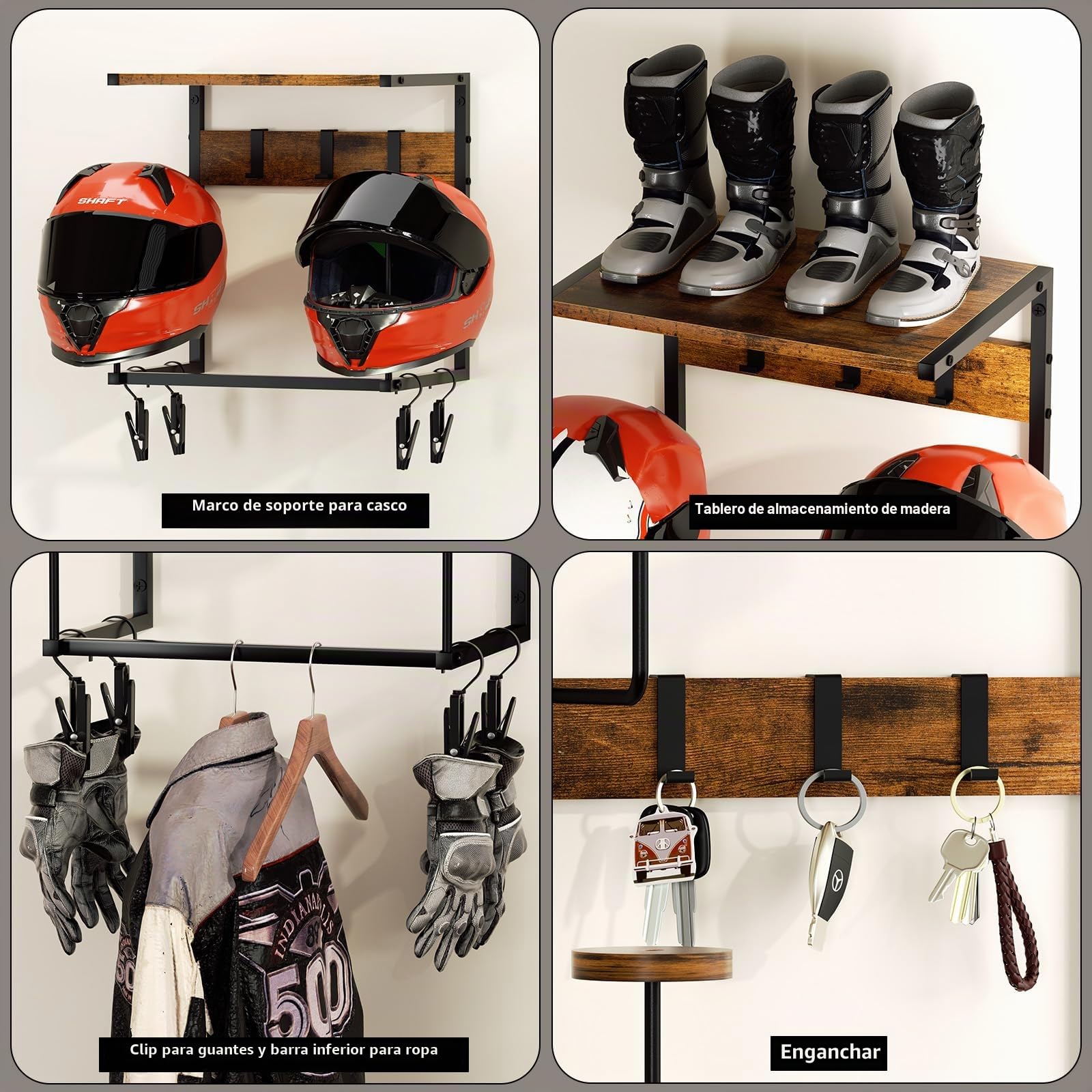 Urban Deco soporte casco moto, percheros pared con 2 soportes para gorras, soporte para cascos capacete moto, accesorios modular moto, almacenamiento de equipamiento para hombres, pequeño
