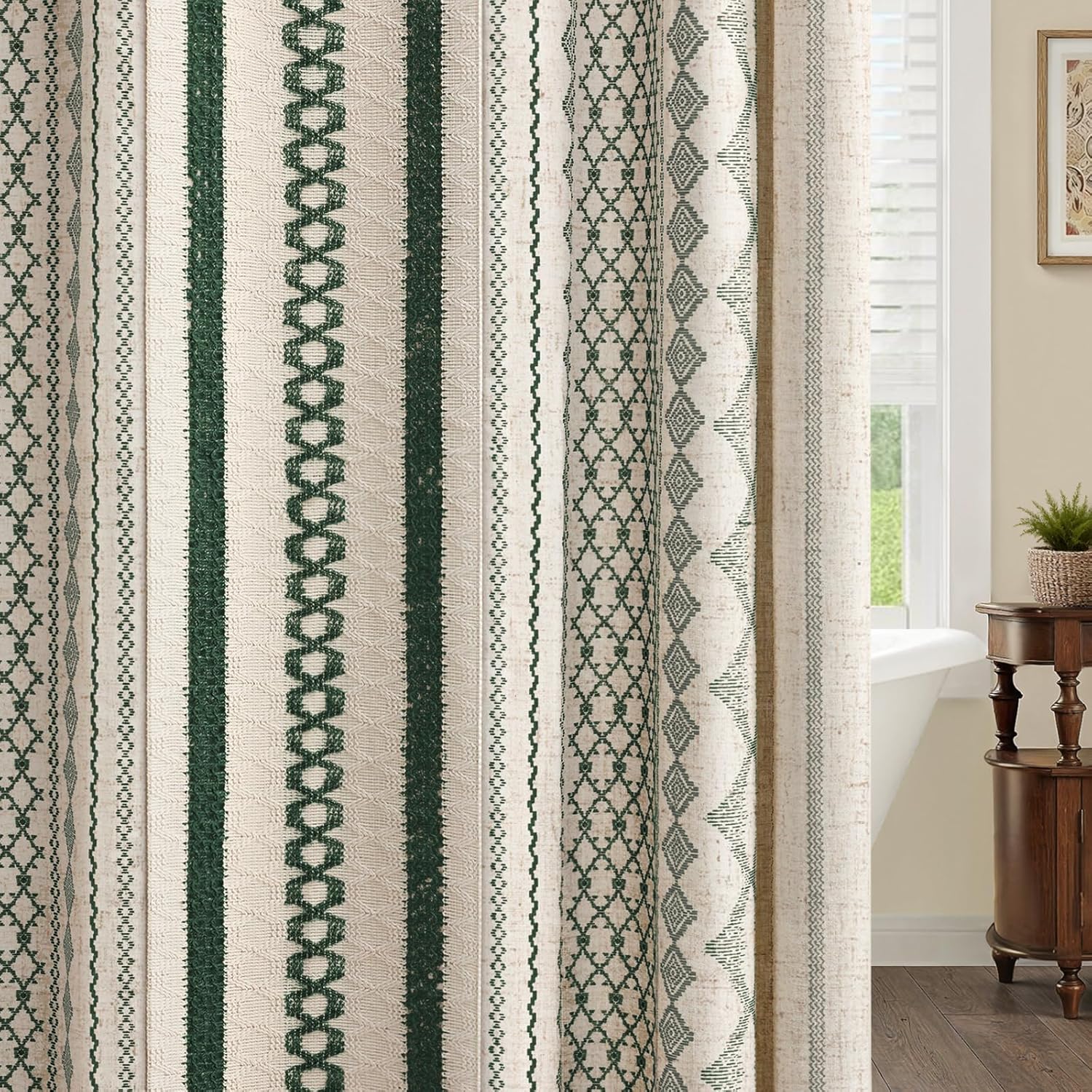 Dark Green Boho Shower Curtain for Bathroom, Linen Striped Print and Twine-Inspired Woven Center,72" W x 72" L