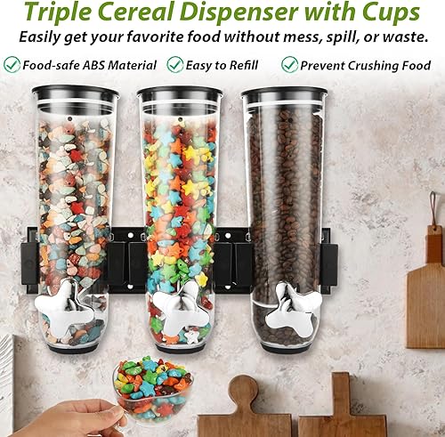 Miniatura 3 de Dispensador de cereales negro montado en la pared para despensa, dispensador de dulces montado en la pared con 3 tazas, dispensador triple de