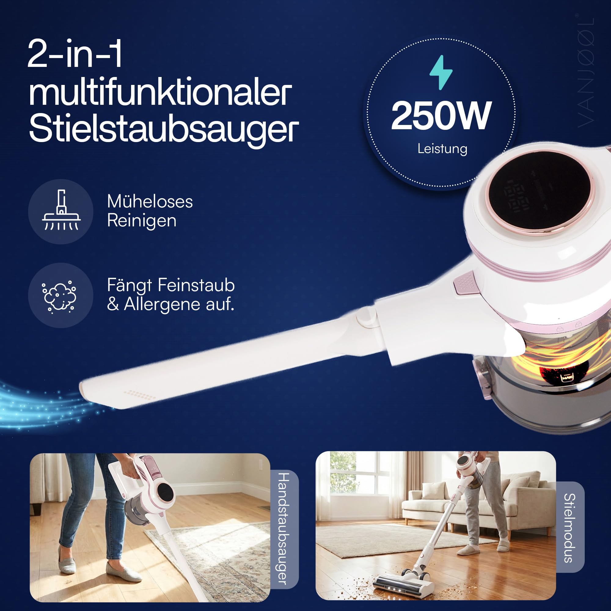 VANJOOL® Akku Staubsauger Kabellos 250W – 9 kPa Stielstaubsauger & Handstaubsauger – Beutelloser Staubsauger mit Wandhalterung – LED-Beleuchtung – 2 Saugstufen – 3 Aufsätze - Weiß / Rosa