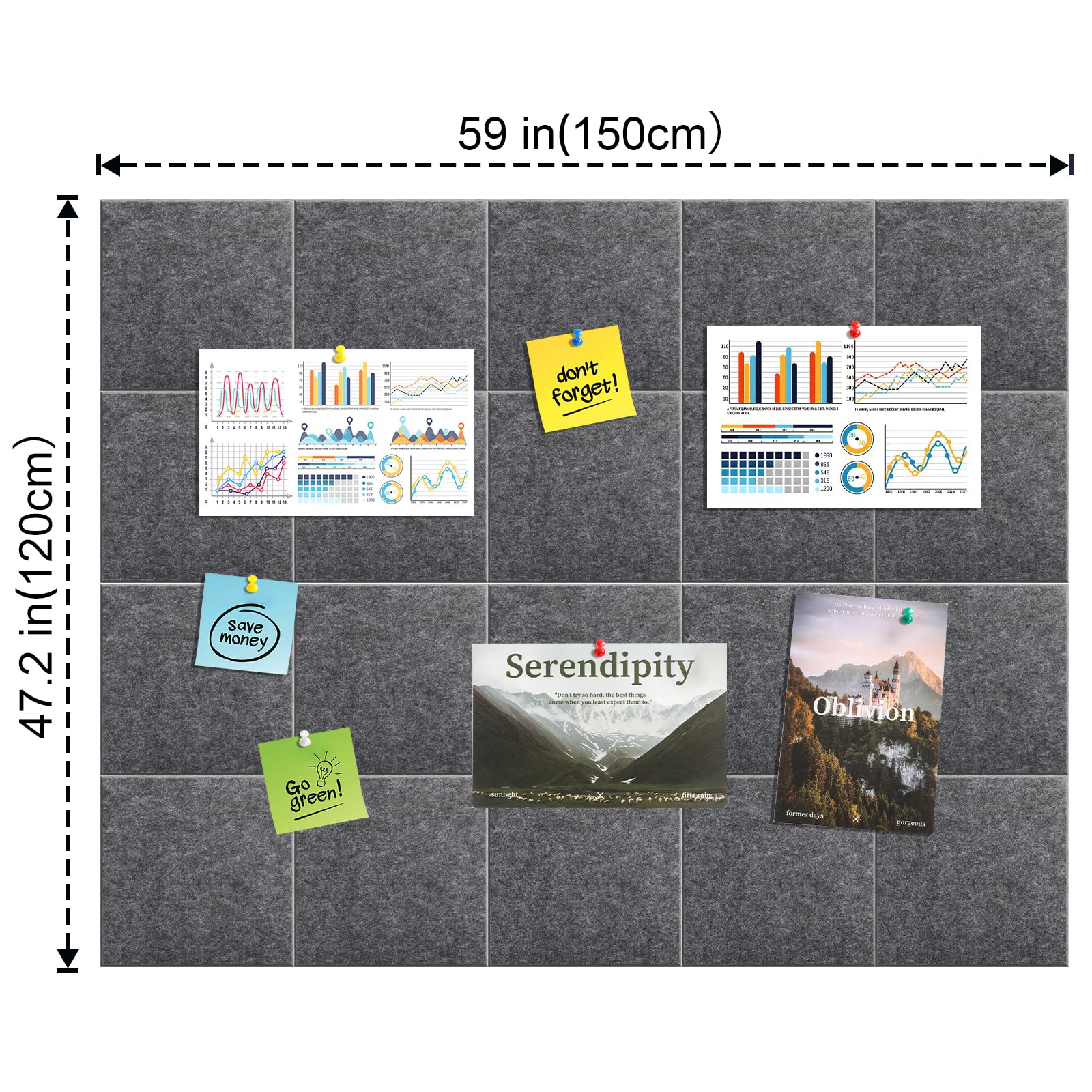 Cork Boards for Walls 48" x60”, 20 Pack Grey Bulletin Board, Reusable Felt Wall Tiles with 105 Pins and Non-Marking Adhesives, Cork Board for Office Pin Board