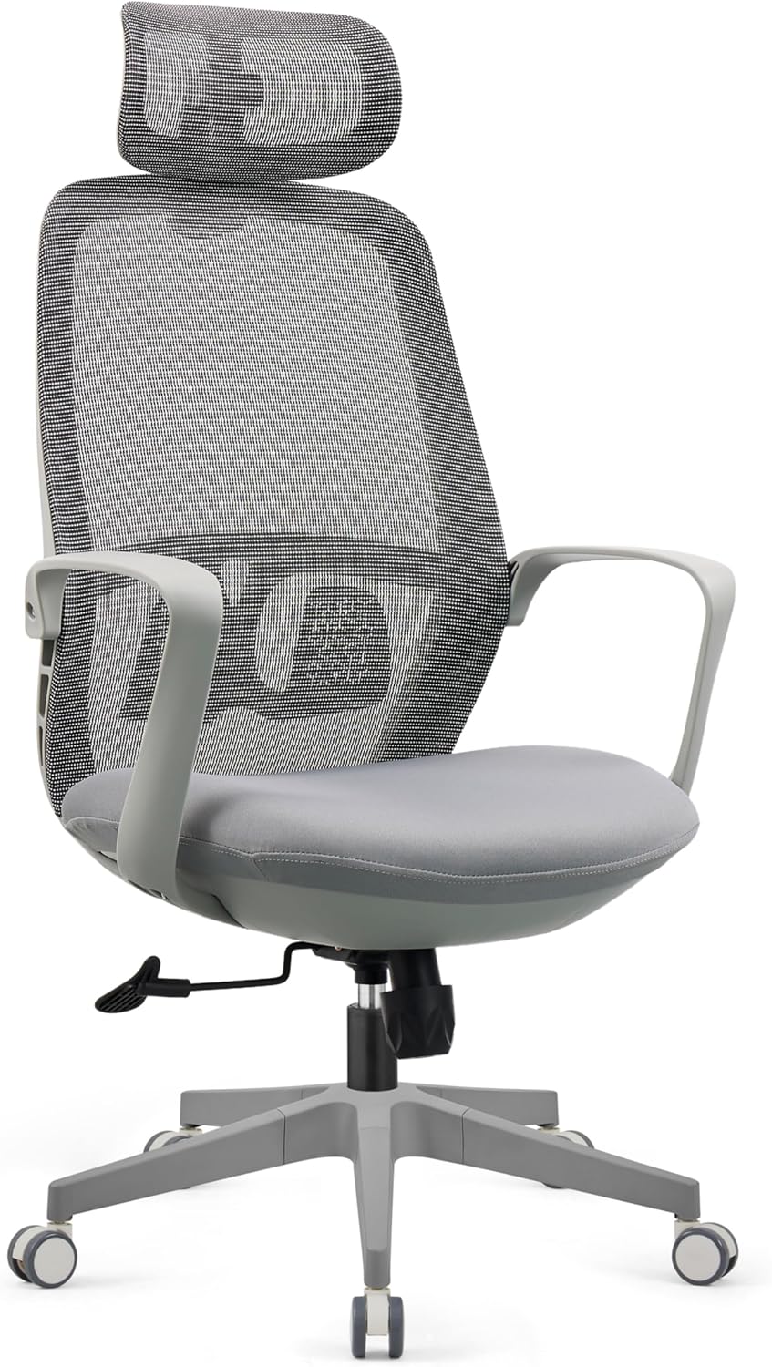 Cadeira de Escritório Ergonômica Com Cabeça e Encosto de Cintura, Encosto Alto de Malha e 10cm Almofada Espessa Com Inclinação de 90° e Base Giratória e Altura Ajustável (Cinzento)