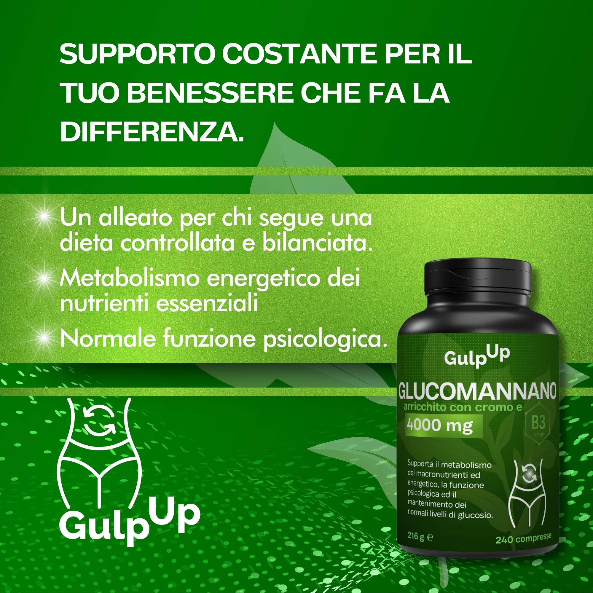 Glucomannano Purificato Forte 4.000MG 240 Compresse - Con Cromo e Vitamina B3 - Integratore Made in Italy - Favorisce il Senso di Sazietà