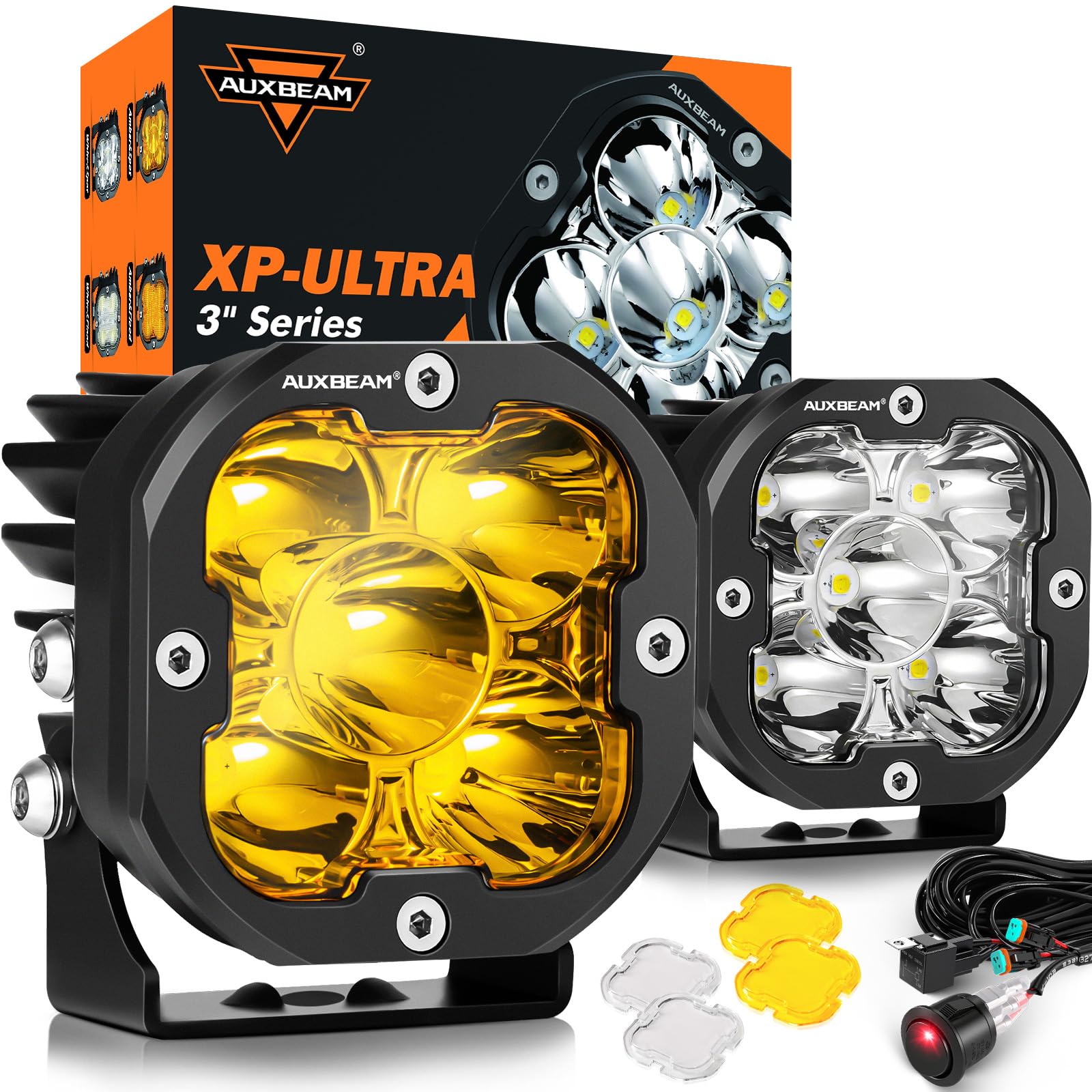 XP-Ultra Series Hyperspot LED Light Pods, 3Inch 80W 9600LM Dual Color Amber White Cube Offroad Lights, 30° Focused Spot Beam Light Bar Spotlight Off Road Fog Lights with Covers, Pair