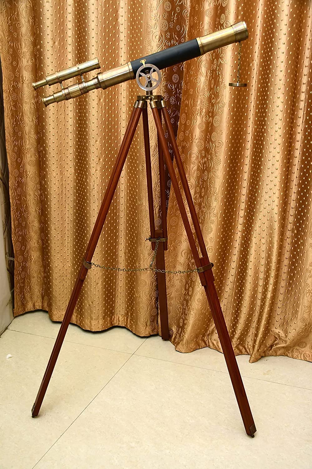 Maritime Antique Double Barrel Black Leather Telescope Antique Finish with Brown Wooden Tripod Brass Floor Standing Telescope with Free Watch Leather Box
