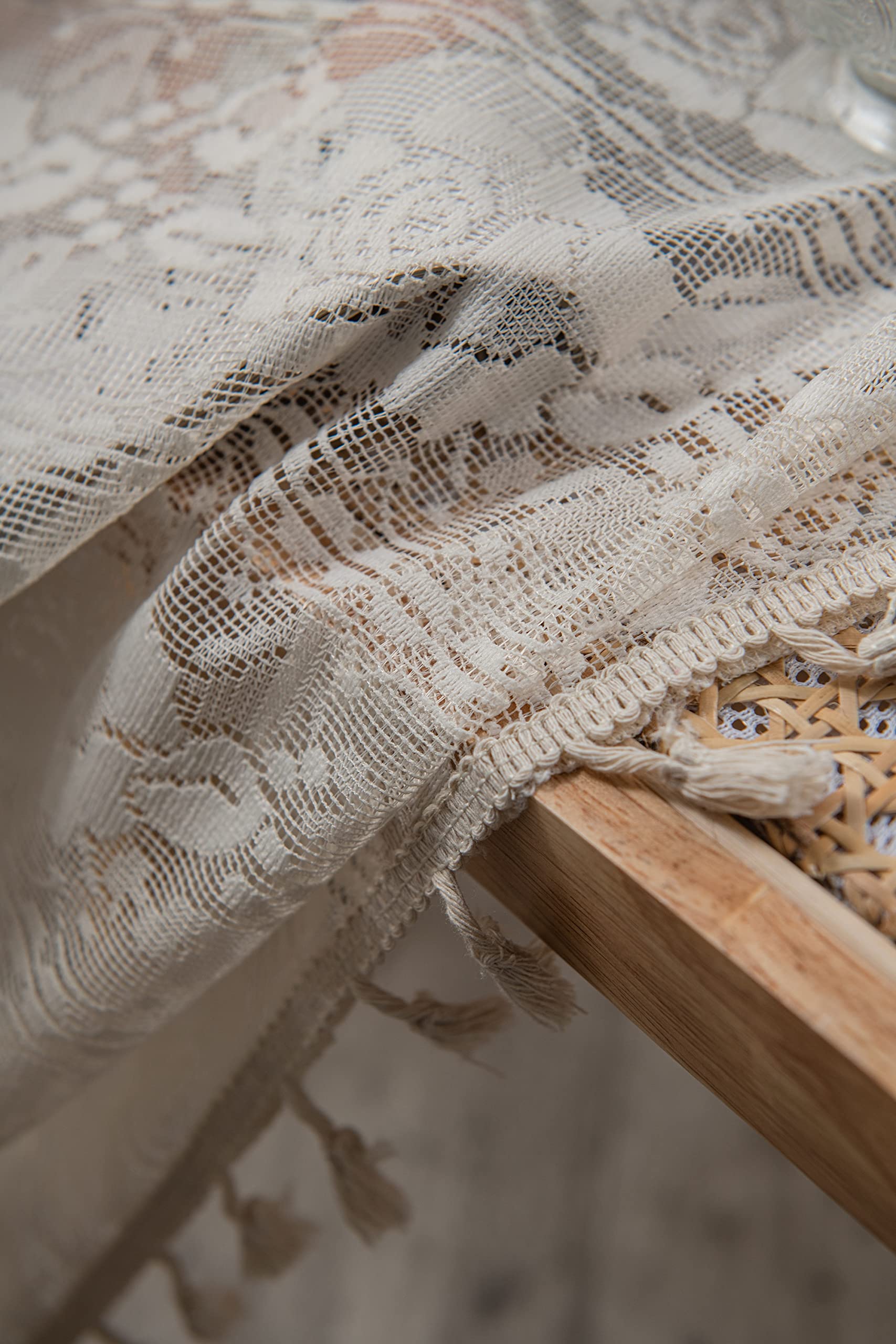 Boho gordijnen Beige Wit Set van 2 Gordijnen Vintage Country Stijl Gehaakte Gordijnen Gebreide Gordijnen, Katoen Linnen Kwastjes Kant Transparant Gordijn Voor Keuken Woonkamer Slaapkamer 2 stuks, L