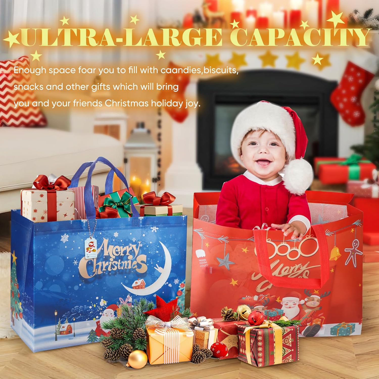 Extra Large Christmas Gift Bags with Handles, 8 Pack Reusable Tote Bag Christma's Bags for Gifts, XL Non-Woven Christmas Shopping Bag Xmas Party Favors Supplies 17.0"×12.6"×7.1" with 10 Pcs Gift Tags - Image 5