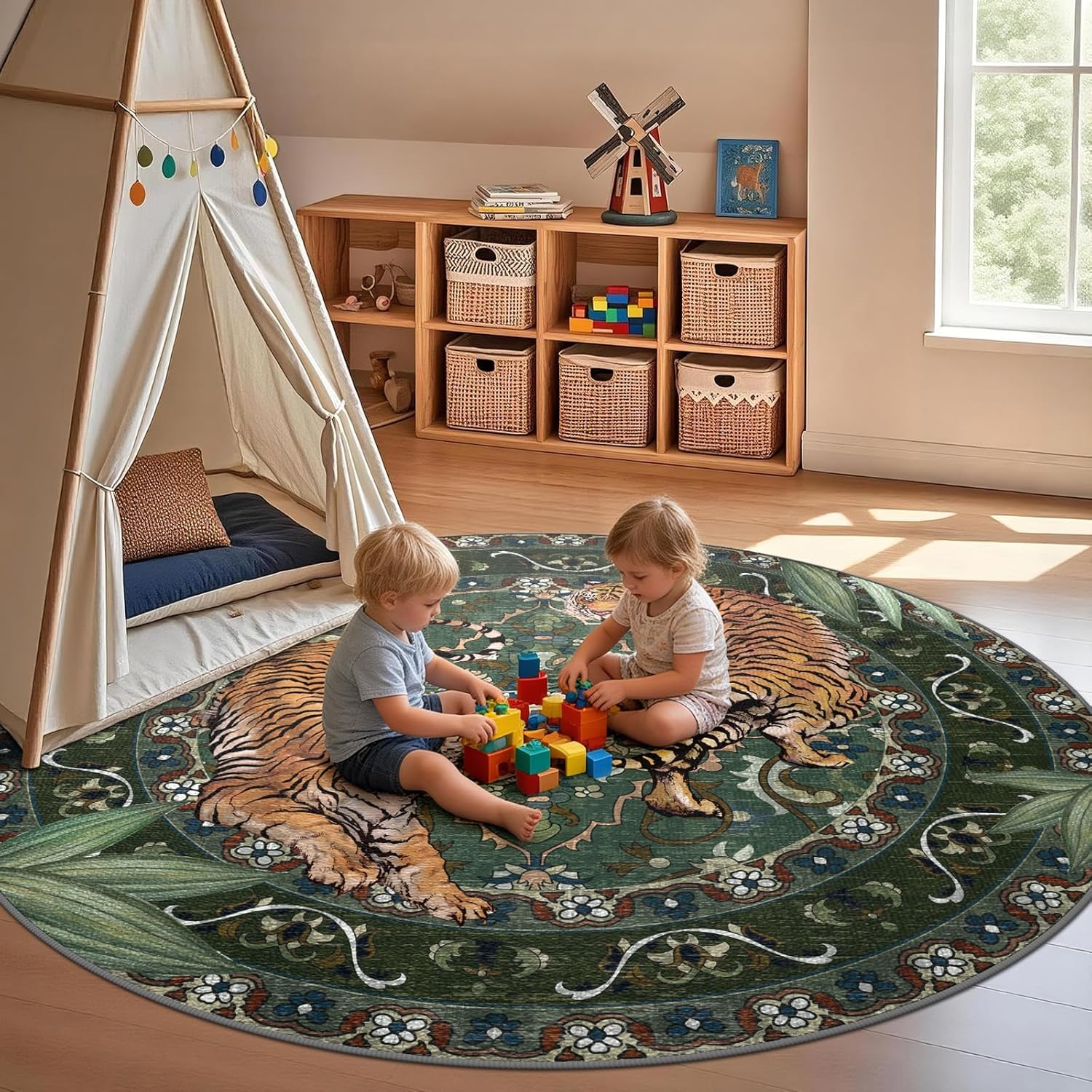 8Ft Round Tiger Washable Rugs for Living Room, Boho Green Animal Print Bedroom Circle Rugs Non Slip, Botanical Jungle Floor Carpet for Dining Room Entryway Nursery Playroom Office