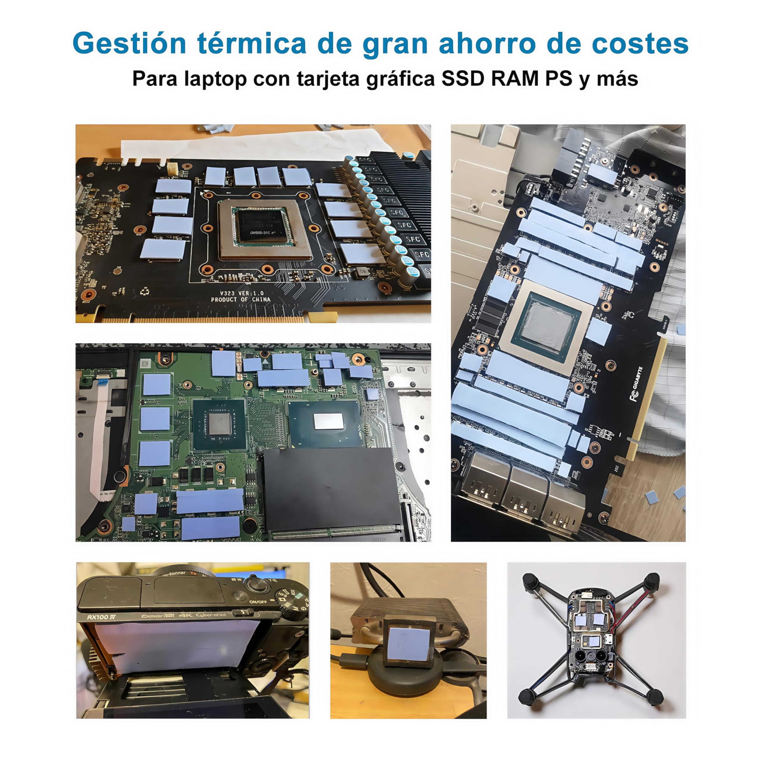 Paquete de 9 almohadillas de silicona conductoras térmicas de 0,5, 1,0, 1,5 mm de grosor, con conductividad térmica de 6,0 W/mk, suave, seguro, fácil de aplicar para SSD, CPU, GPU-Azul