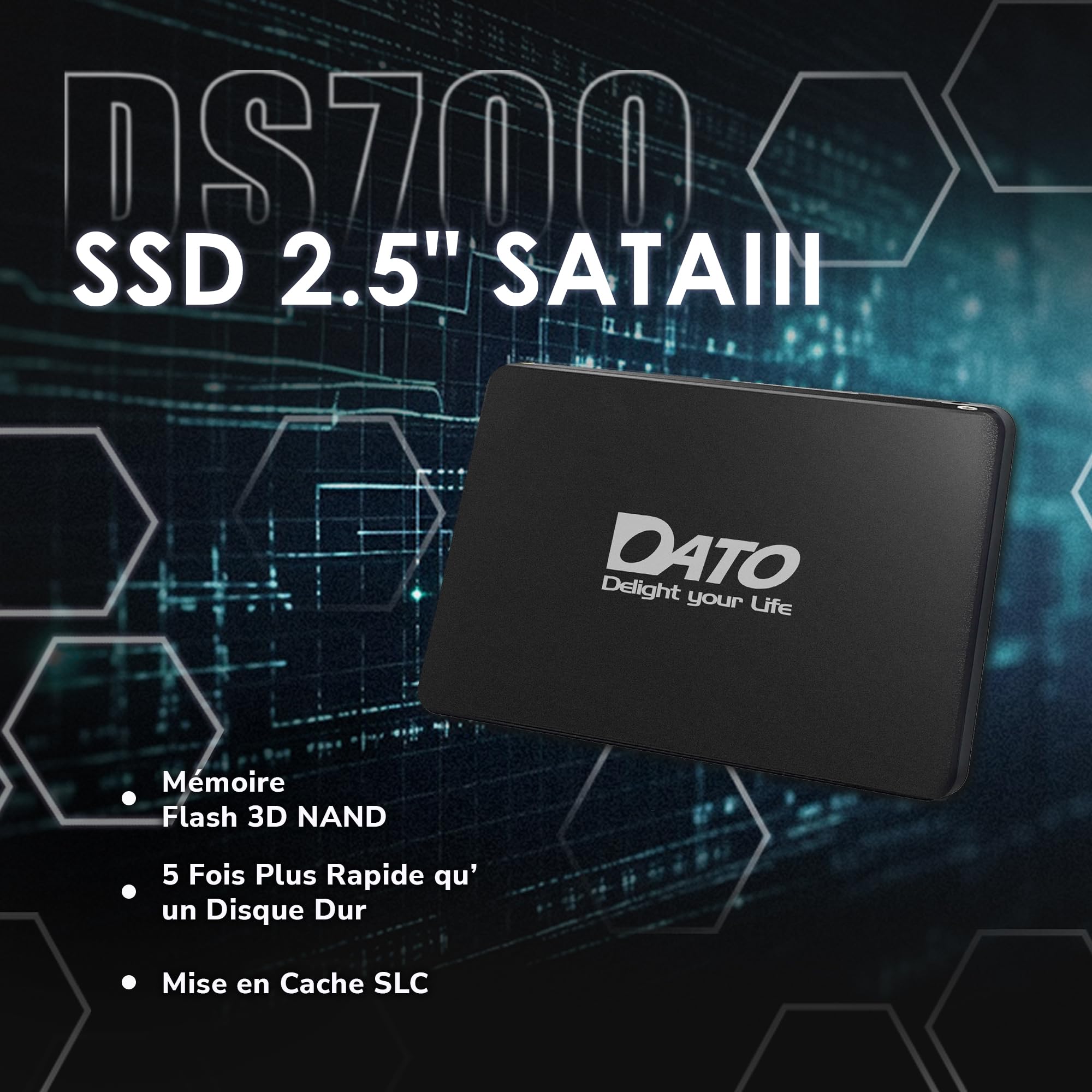 DATO SSD Interne 1 to 2,5" SATA III, mémoire Flash 3D NAND, Cache SLC, Jusqu’à 535/500 Mo/s, Compatible avec Ordinateurs Portables et PC de Bureau