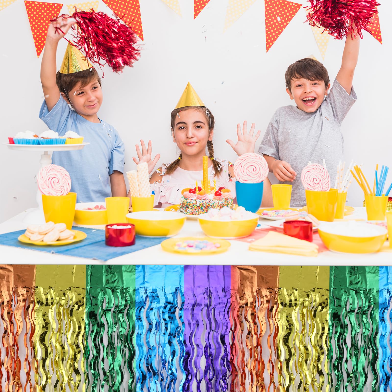 Mega-L Fiesta Party Decorations 2Pack Mexican Themed Wavy Metallic Tinsel Foil Fringe Table Skirt For Rectangle And Round Table,Perfect Decor For Taco Birthday Party,Cinco De Mayo Dia De Los Muertos