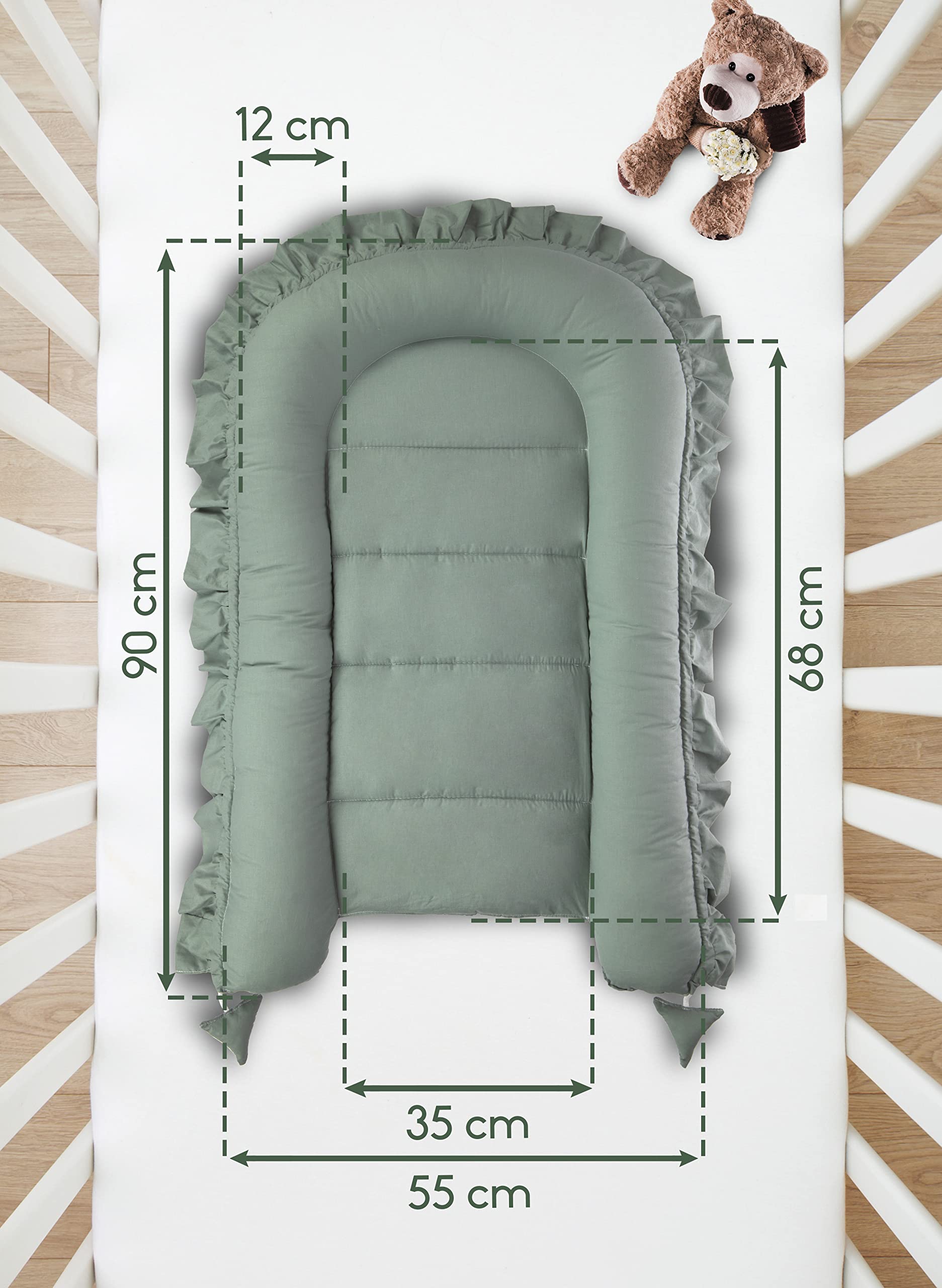 PIMKO Nido de bebé con volantes para bebé, capullo para bebés y recién nacidos, 100% algodón, adecuado para el hogar, 55 x 90 cm (pistacho)