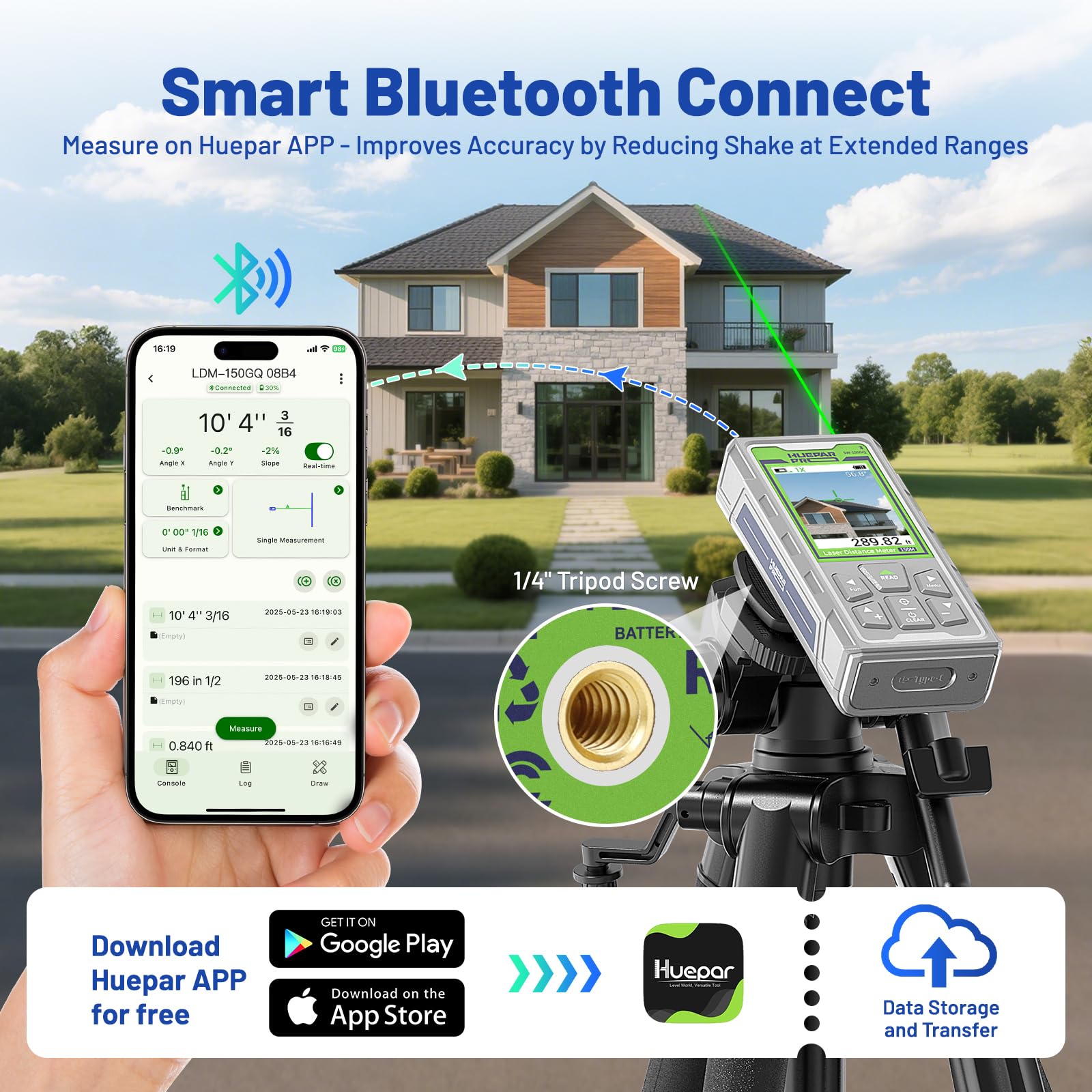Huepar Pro Metro Laser Professionale Outdoor 150m con Fotocamera e Bluetooth, Tecnologia P2P, App Gratuita, IP68, Cavo Micro USB, Cinturino da Polso e Custodia - SW-150GQ