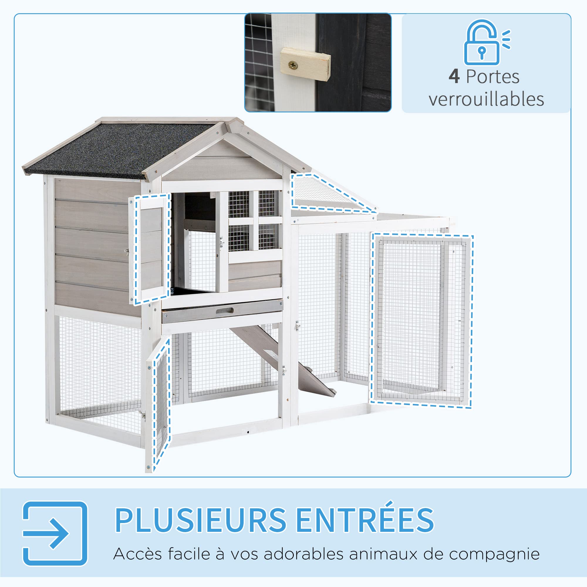 PawHut Clapier Cage à Lapins Cottage - Niche supérieure avec Rampe et enclos extérieur - Plateau Coulissant, Toit bitumé, 4 Portes verrouillables - dim. 128L x 64l x 92H cm Bois de Sapin Blanc Gris