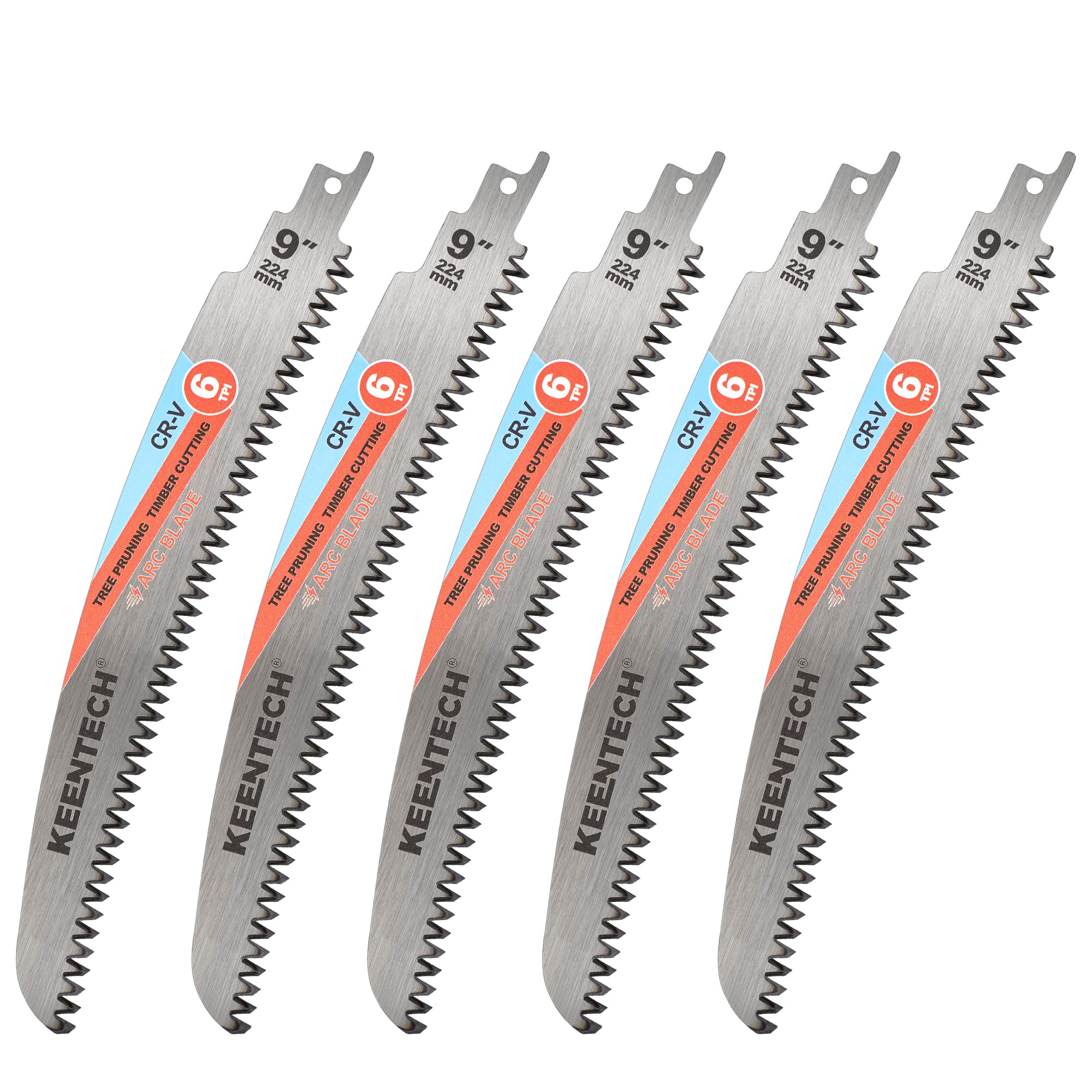KEENTECH 224mm Arc-Shaped Reciprocating Saw Blades for Wood Cutting & Tree Pruning, Cr-V Steel, 6 TPI Triple-Ground Japanese Teeth for Ultra-Fast Wood Cutting, Fits Most Reciprocating Saws, 5-Pack