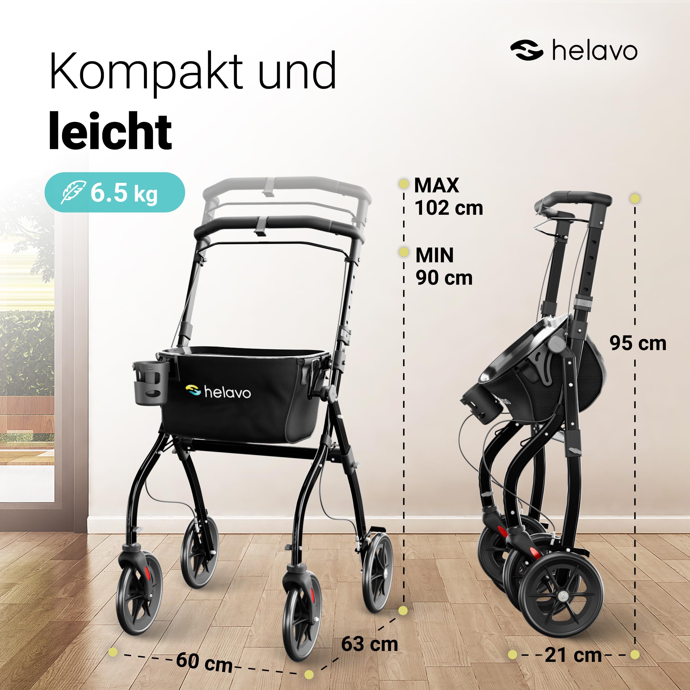 Helavo schmaler Wohnungsrollator mit Tablett - 60 cm breit & Transportkorb | Rollator schmal für die Wohnung - Leichter, faltbarer Indoor-Rollator aus Aluminium - Inkl. Tablett, Becherhalter und Korb
