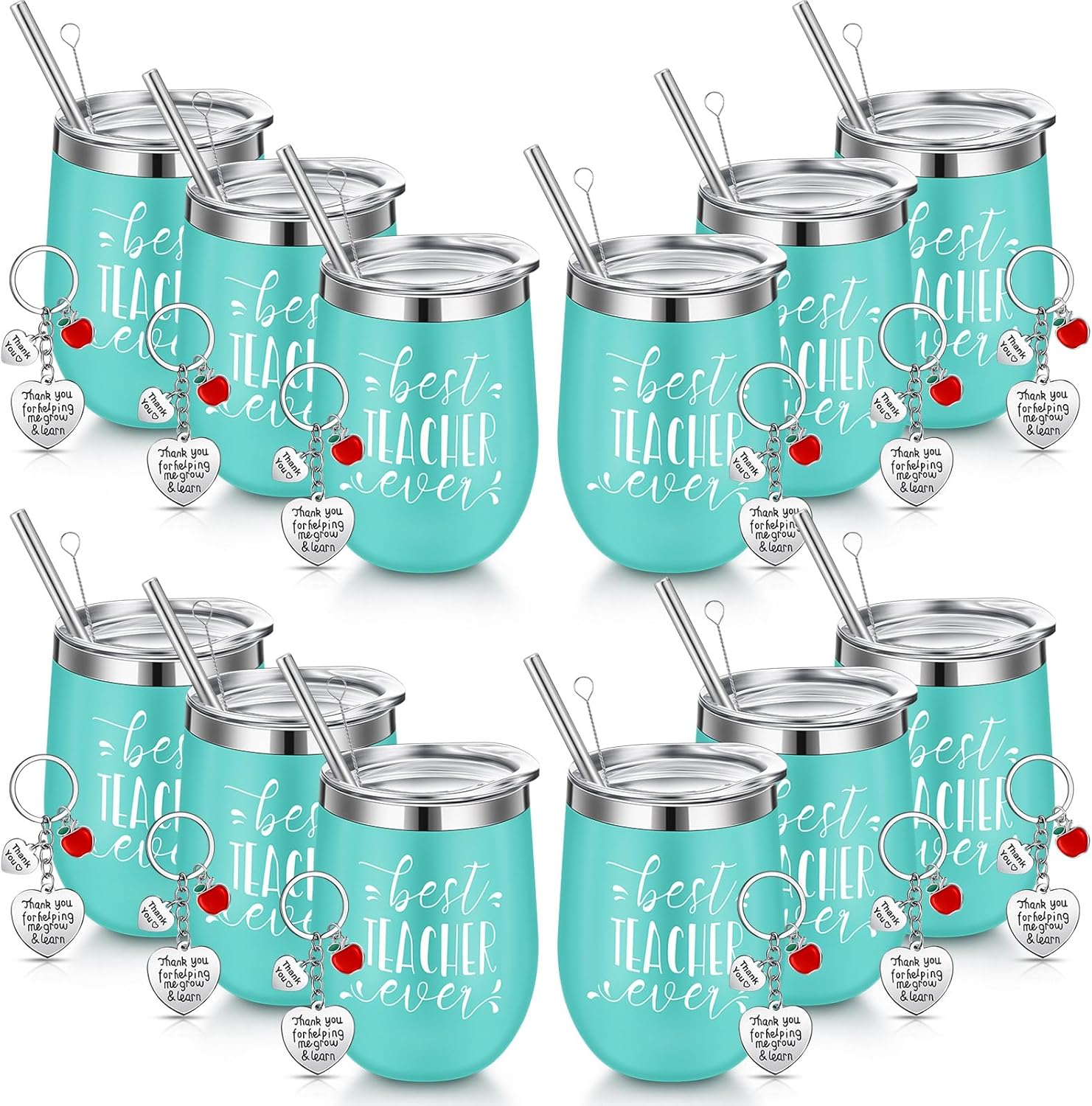 24 Pcs Teacher Appreciation Gift Sets 12 Oz Teacher Wine Tumbler for Women Thank You Birthday Graduation Gifts 12 Best Ever Cup and 12 Keychain(Black)