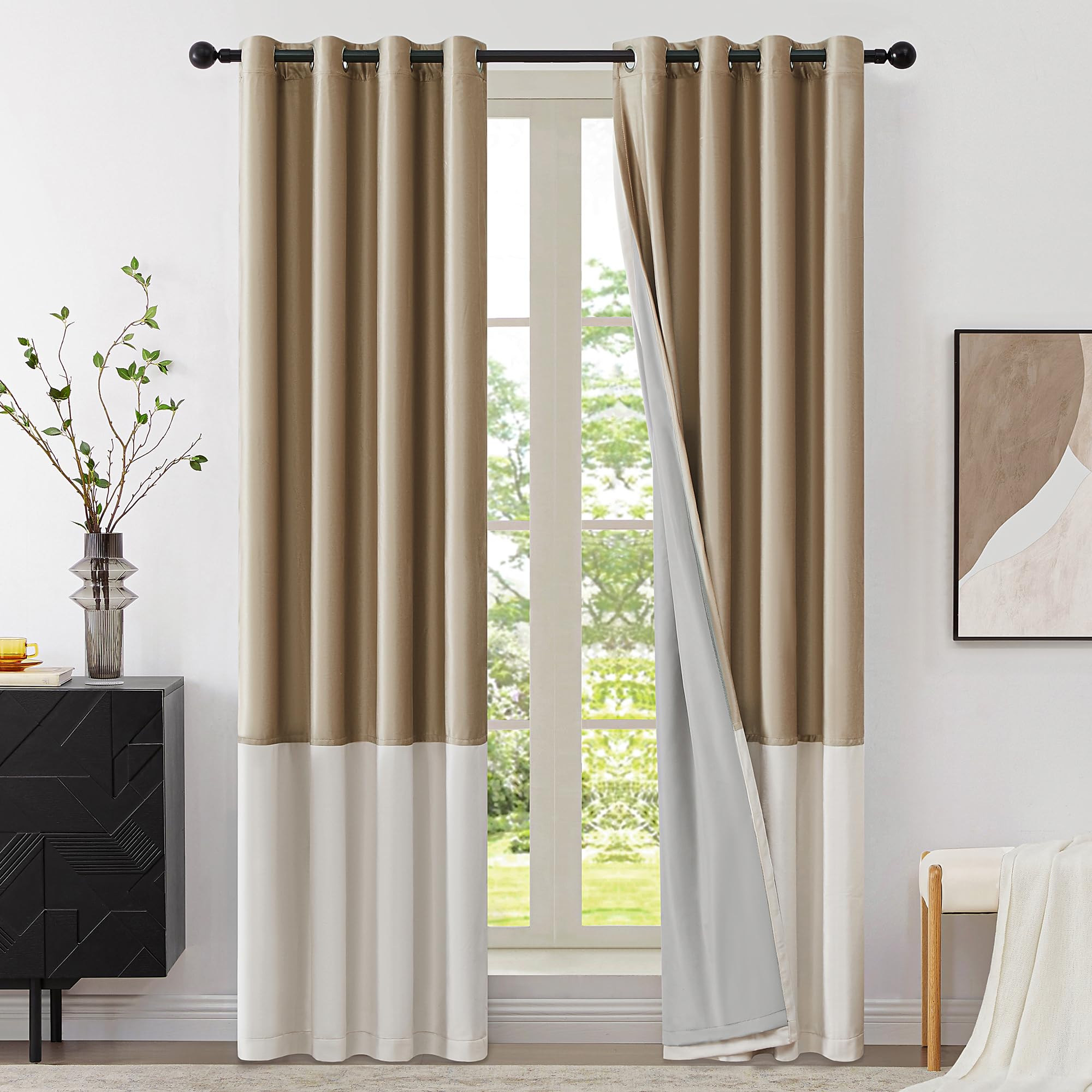 BULBUL Champagne Ivory 100% Full Blackout Velvet Curtains,96 inches Long Modern Liner Curtains Thermal Drapes Panels for Living Room Bedroom Grommet