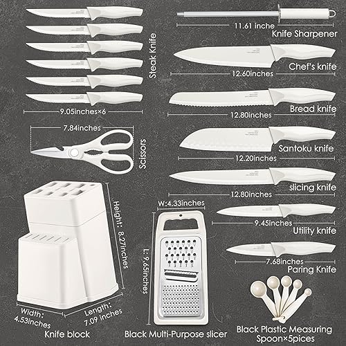 Miniatura 2 de HaWare Juego de cuchillos de cocina de acero inoxidable de 21 piezas, juego de cuchillos de chef blancos con cuchara medidora y rebanadora para el