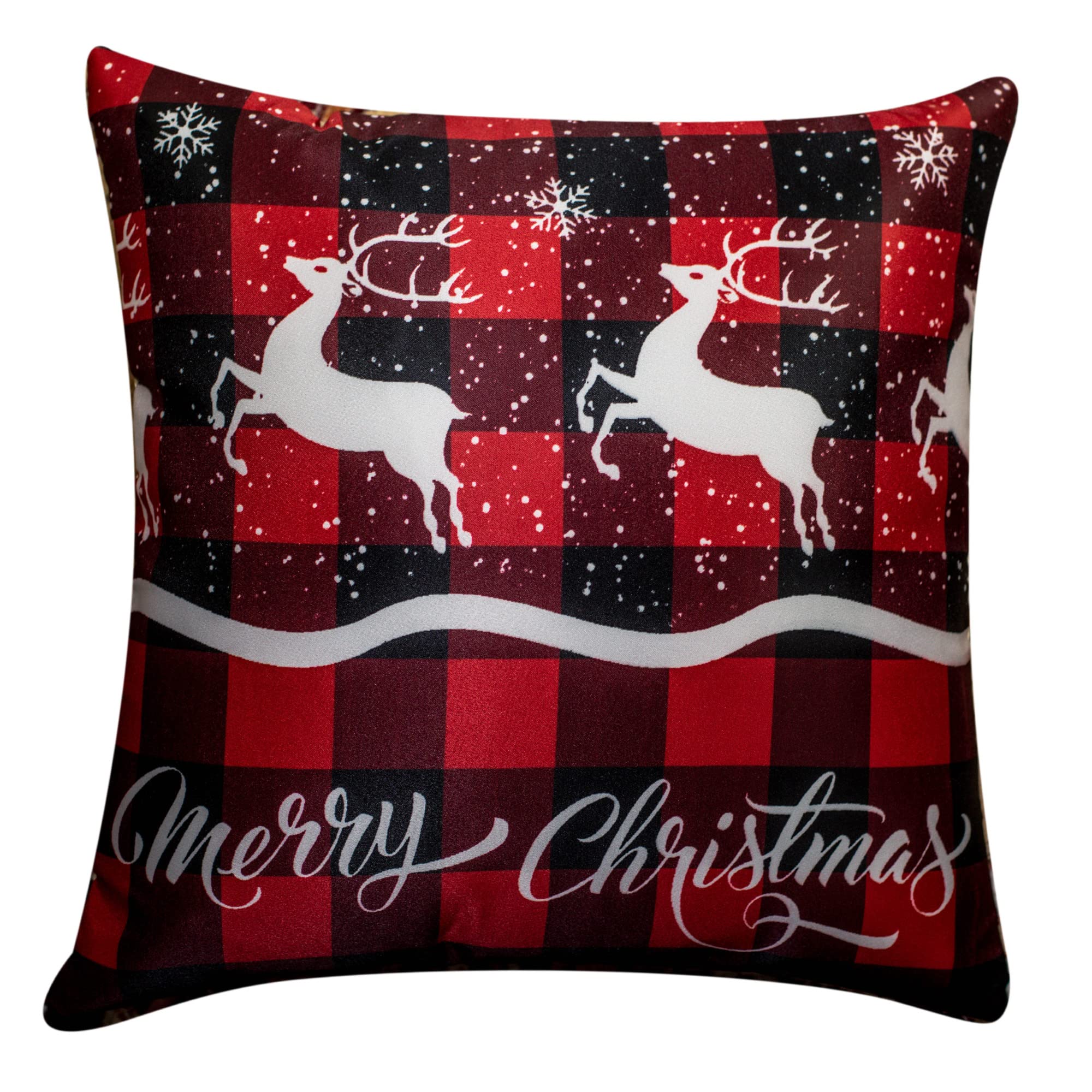 Vendola Decorative Merry Christmas 12 Inch x 12 Inch Cushion Covers Set of 5, Satin Cushion Cover for Sofa, Christmas Home Decor, White and Red Colour, Deer, Reindeer, Deer Print, (12X12 Inches)