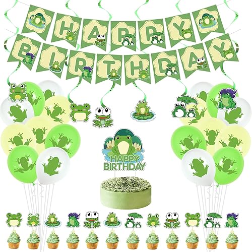 KEFAN Suministros de fiesta temática de rana - Decoraciones, pancarta de feliz cumpleaños, decoración de pasteles, globos para fiestas de cumpleaños