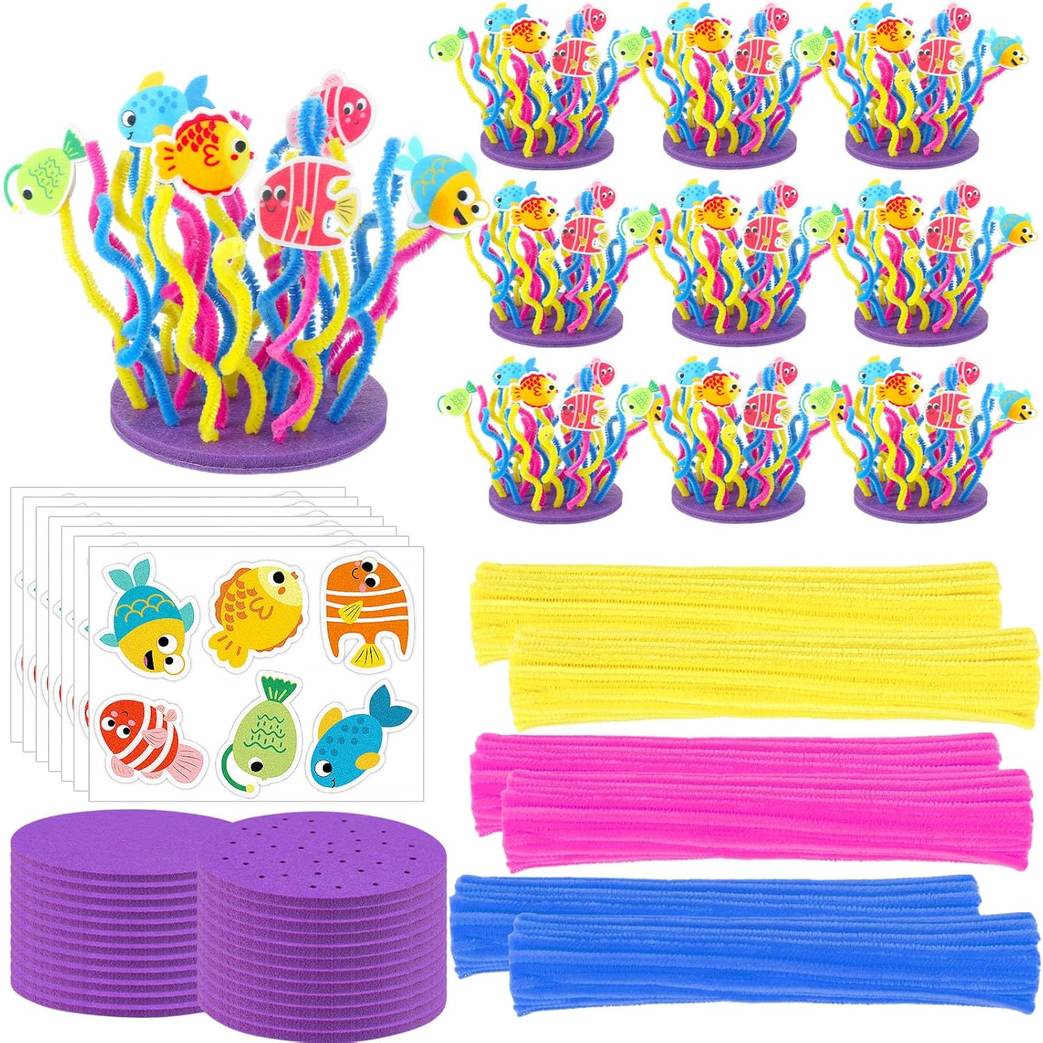 Soulchen 24 Pcs Under the Sea Coral Reef Craft Kit Summer DIY Twistable Pipe Cleaner Set with 144 Fish Chenille Stems Art Supplies for Creative DIY Ocean Themed Kids Activity Parties Vbs (Ages 5-12)