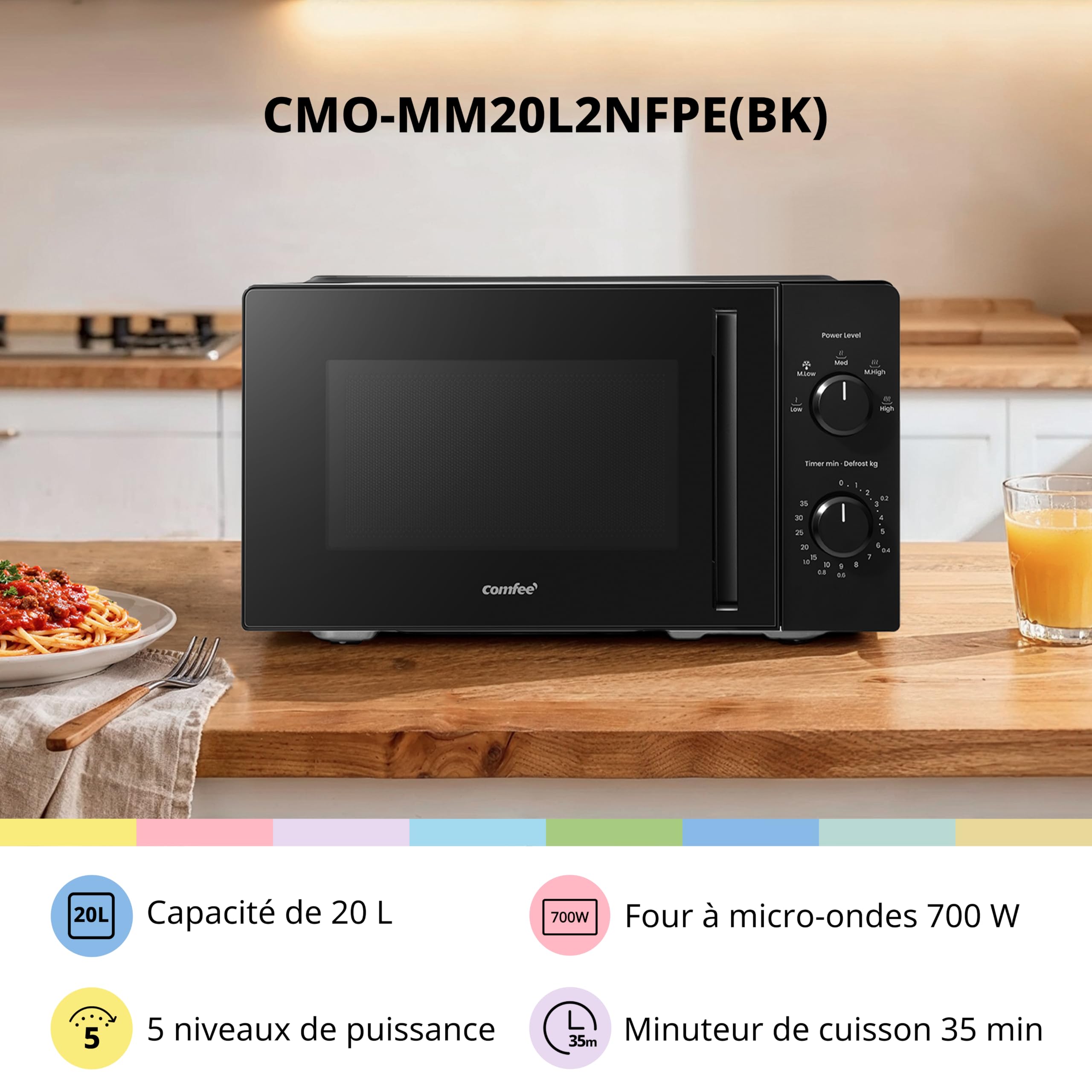 COMFEE' Kuchenka mikrofalowa czarna, 20 litrów, 700 W, 5 poziomów mocy, szybkie rozmrażanie, łatwe czyszczenie, ręczny zegar, kompaktowa konstrukcja, idealna do małych kuchni - CMO-MM20L2NFPE(BK)