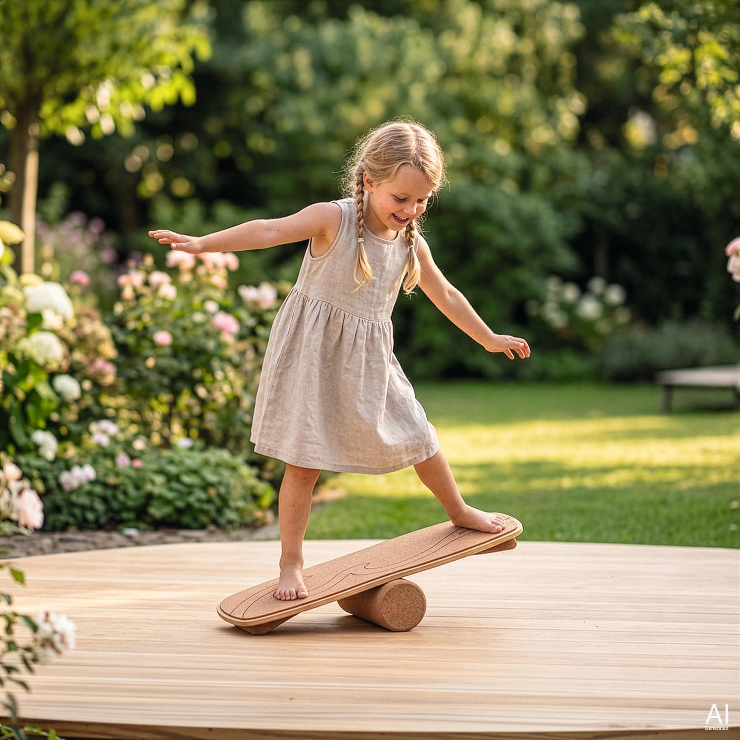 goki 59965 Balance Board „Waikiki Beach“ aus Holz & Kork, 60 × 24 × 4 cm – Motorikbrett für Gleichgewicht & Koordination, bis 120 kg belastbar