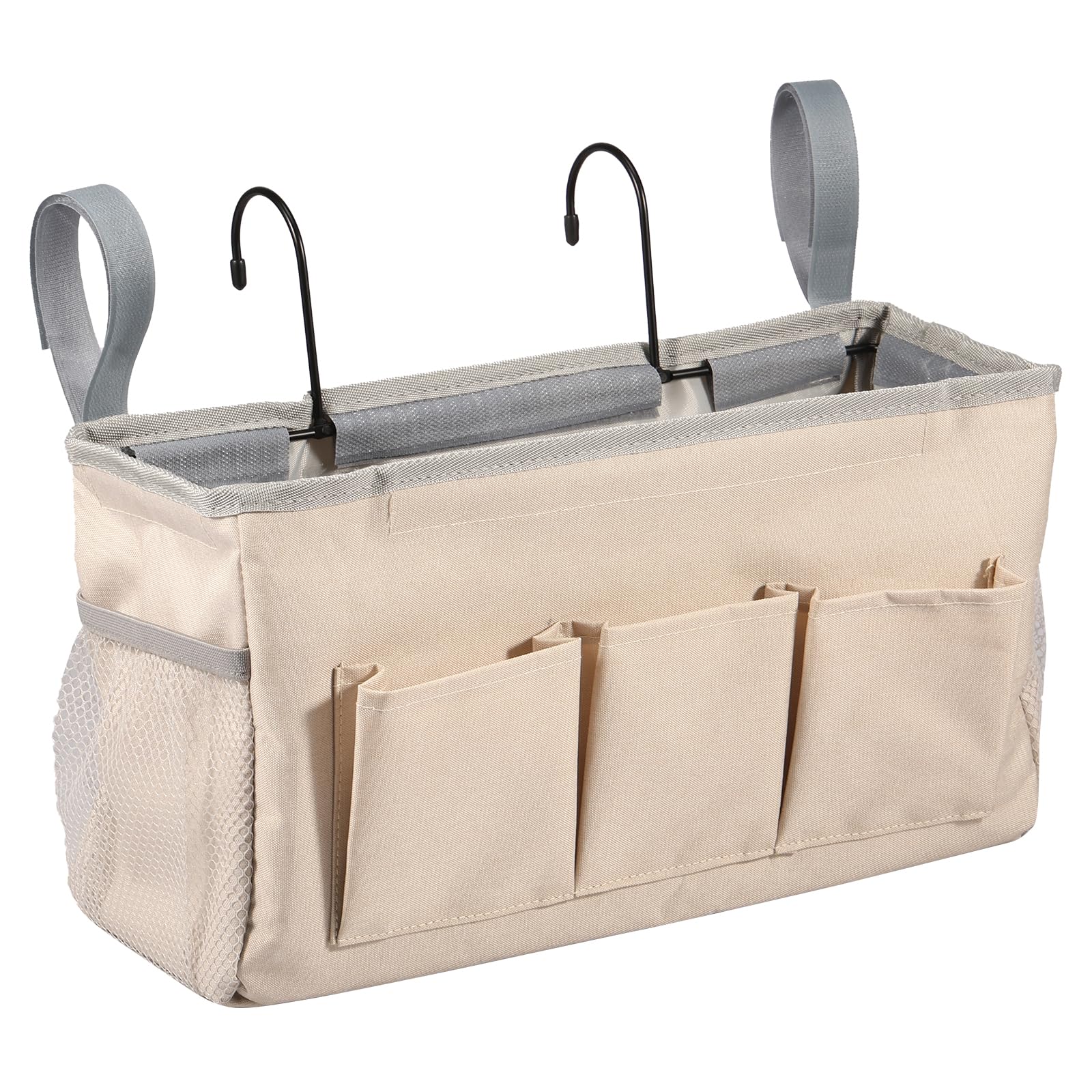 Bed Pockets Organiser, Bedside Hanging Storage Caddy, Multi-functional Large Capacity Bedside Hanging Bag Holder Hanging Storage Bed Pockets Baskets for Magazine Books Remote Smartphone(Beige)