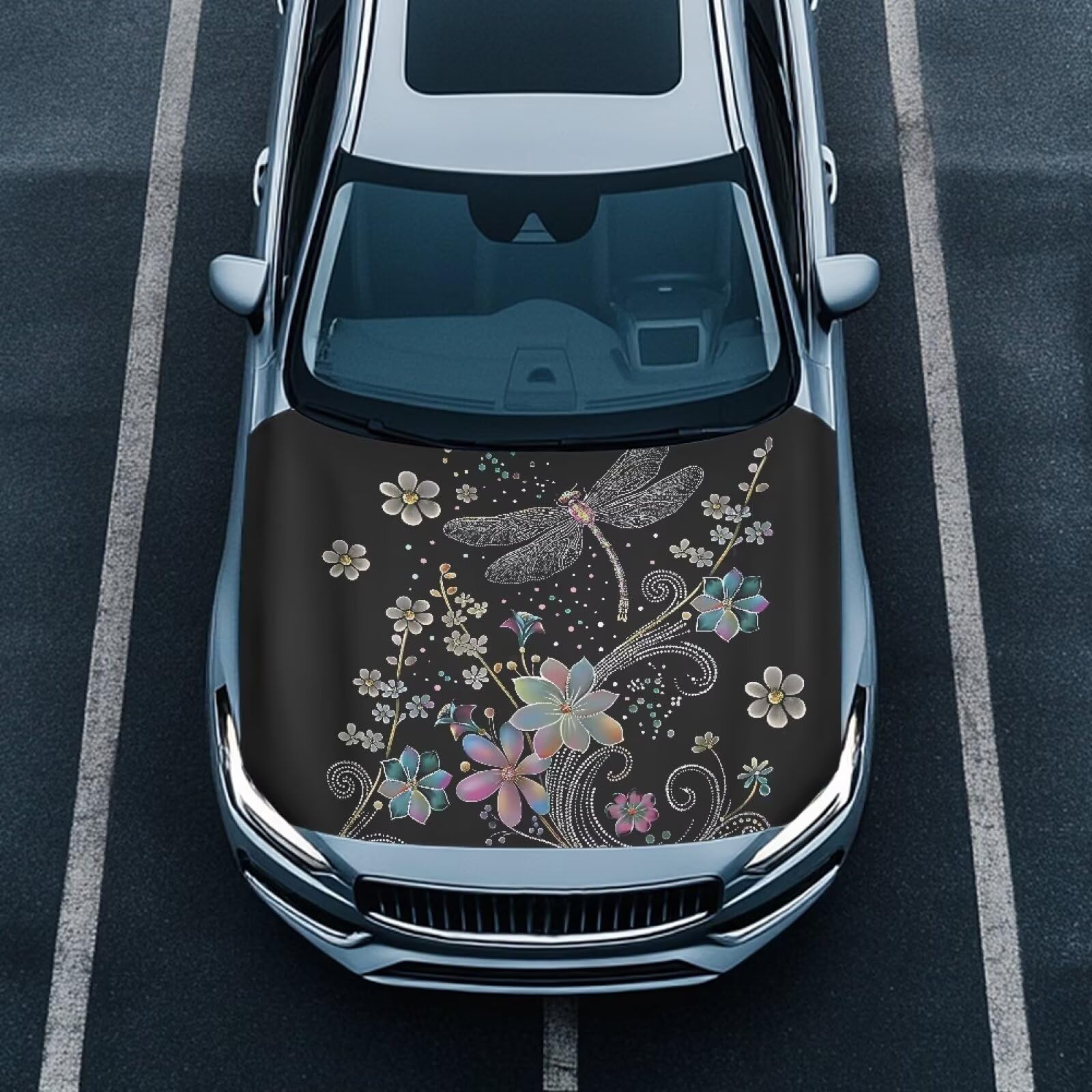 Renewold Car Hood Cover for Automobile Dragonfly Flower Vehicle Hood Protector Decor Outdoor Hood Wrap Blanket Auto Accessories for Leaves Gift for Friend Family Car Lovers