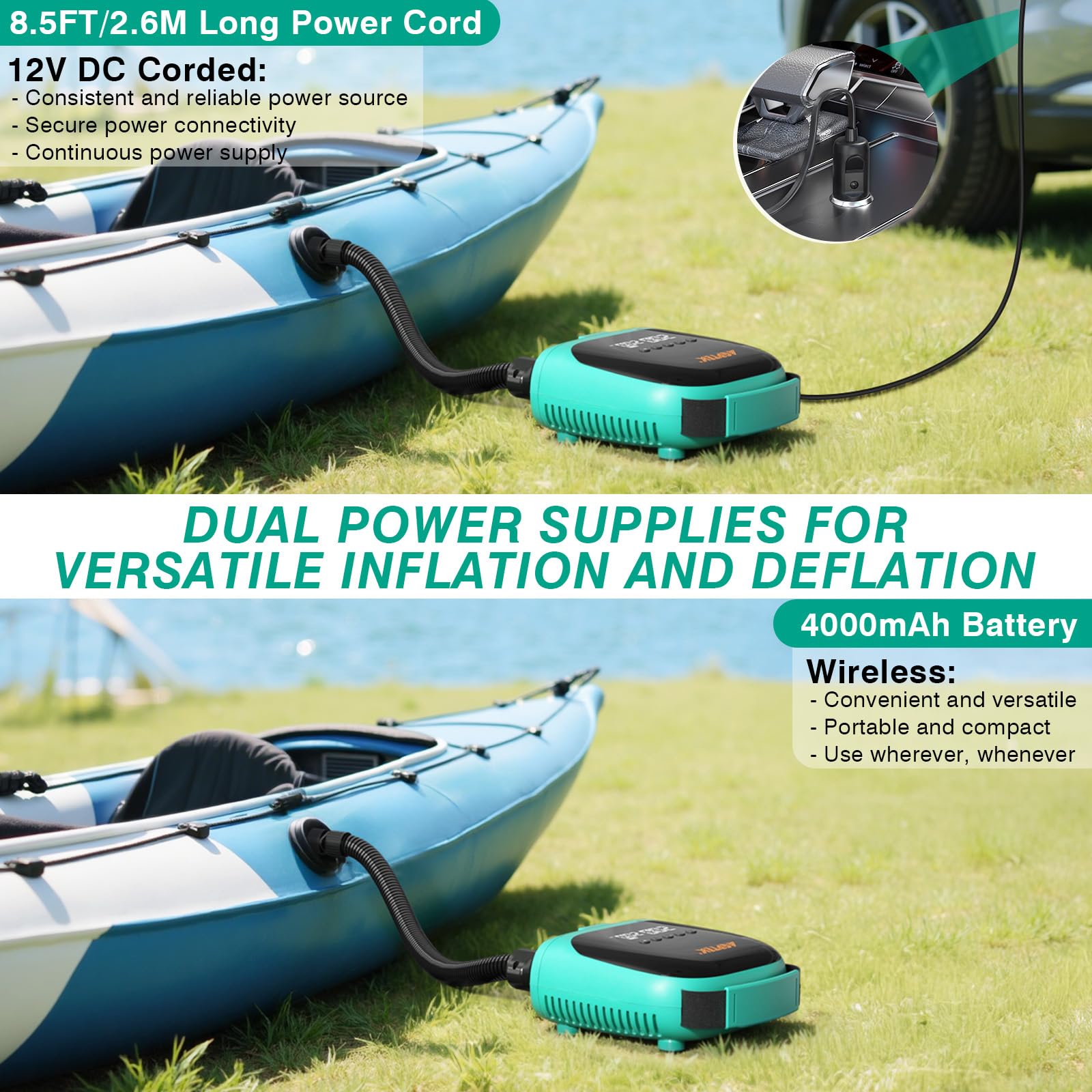 AGPTEK Elektrische Sup Pumpe Paddle Board Pumpe Wiederaufladbare 20PSI SUP Pumpe mit Akku, automatische Abschaltung 12V Gleichstrom-Autostecker Elektrische Pumpe für SUP-Boards und Boote