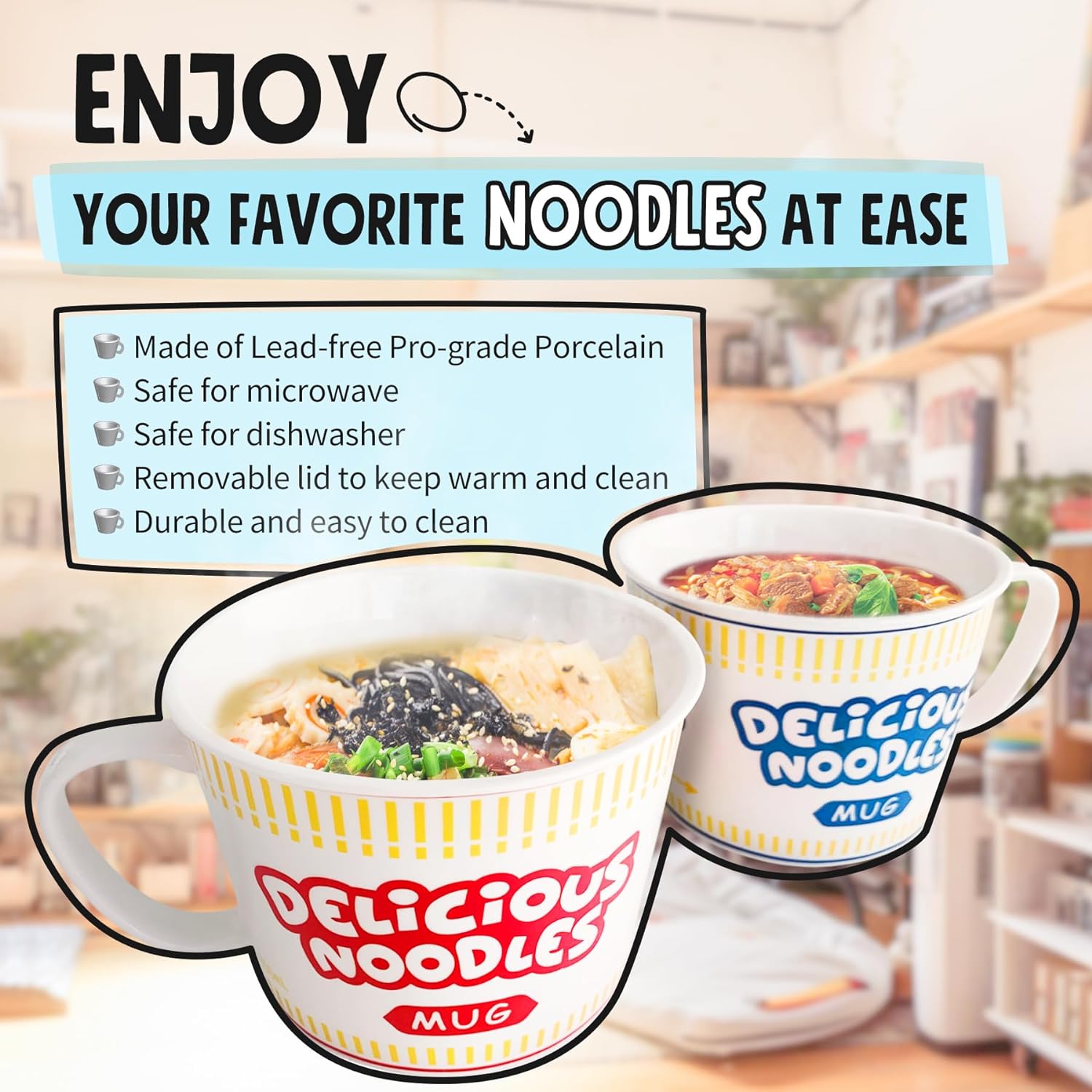 Sophie & Panda Porcelain Instant Noodle Bowl Mug With Handle 34 Oz - A Must-Have Accessory For Anyone Who Loves Asian Noodles - One Novelty 5.5” X 4.5” Ramen Bowl with Lid (Blue)