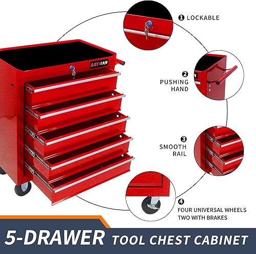 Miniatura 10 de Cofre de herramientas rodante de alta capacidad de 5 cajones con ruedas, armario de almacenamiento de herramientas con cajones con cerradura, gran