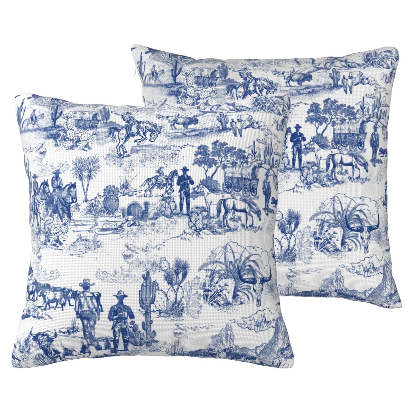 LOHDALOLF Waterproof Cushion Covers 50x50 cm Set of 2 Western Cowboy Accent Cushion Cases Blue Toile Decorative Pillow Covers for Outdoor Patio Garden Sofa Chair Couch